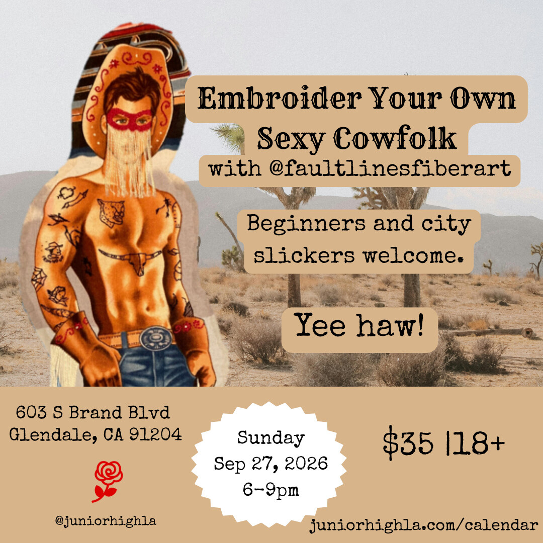 Embroider Your Own Sexy Cowfolk workshop flyer with an embroidered cowboy and cowgirl