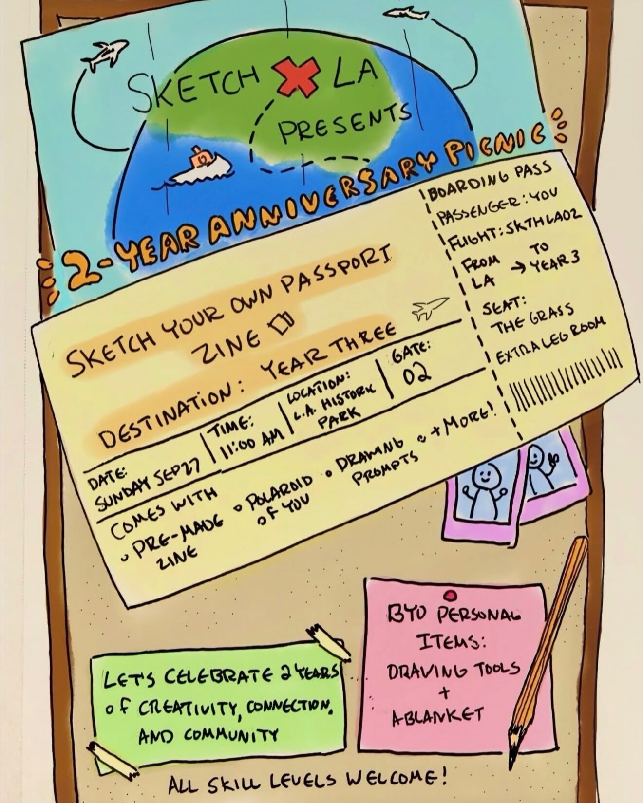 SketchxLA second anniversary passport-style flyer with September 27 at 11 AM.