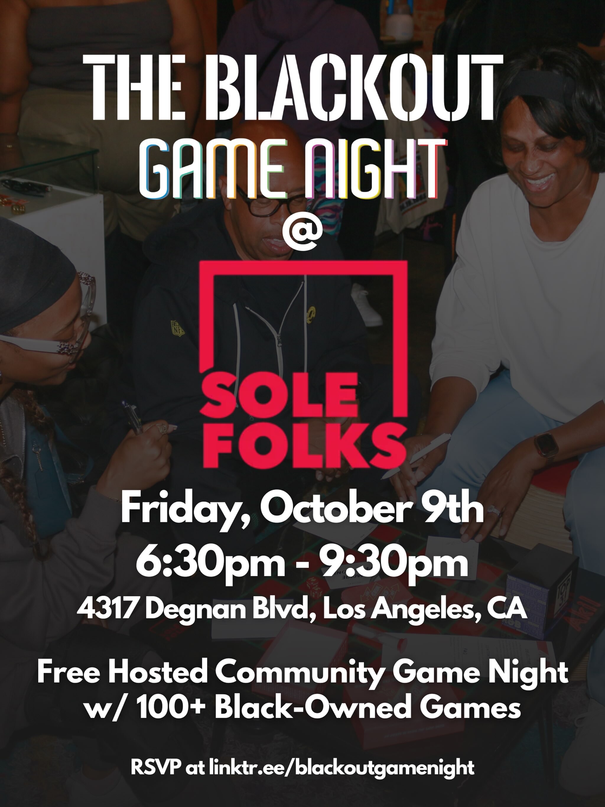 Blackout Game Night flyer for Friday October 9 at Sole Folks
