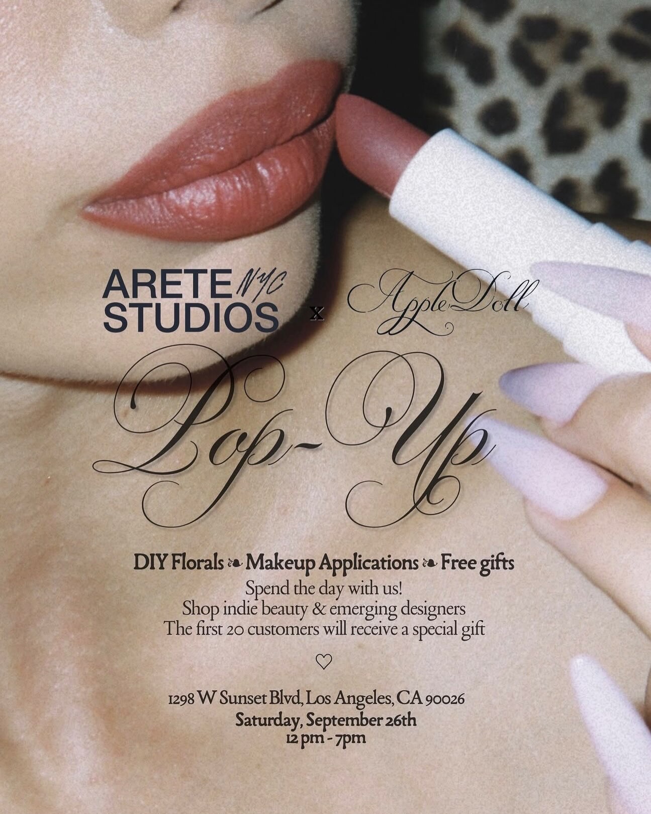 Areté Studios and AppleDoll pop-up flyer with Sunset Boulevard address and noon to 7 PM hours.