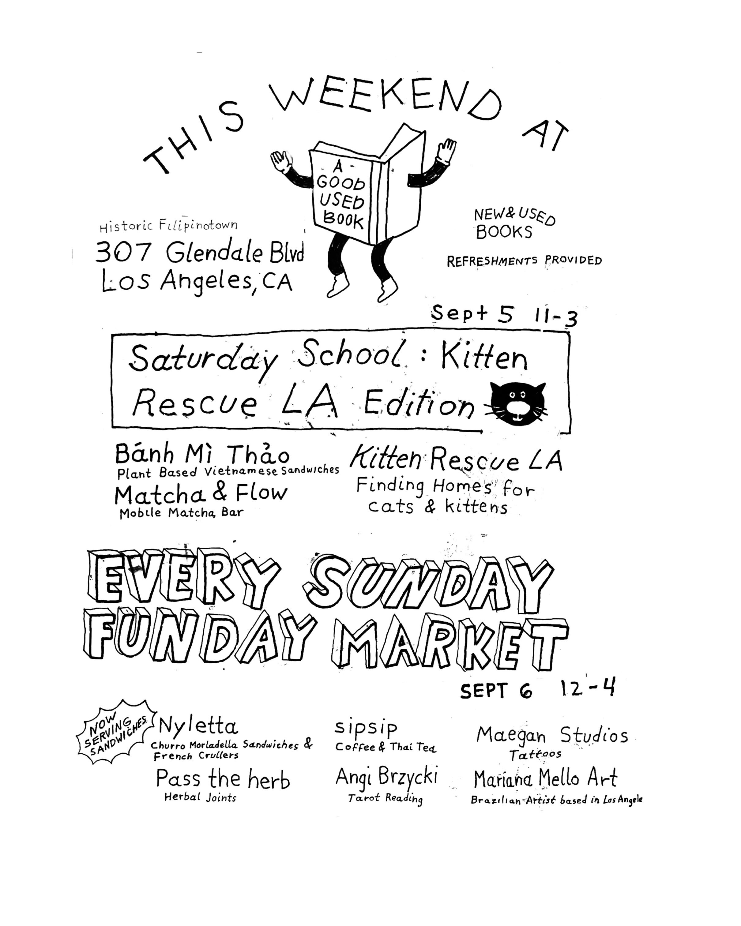 A Good Used Book handmade weekend flyer listing Every Sunday Funday Market September 6 noon to 4 PM at 307 Glendale Boulevard, with Nyletta, Sip Sip, Maegan Studios, Pass The Herb, Angi B and Mariana Mello Art.