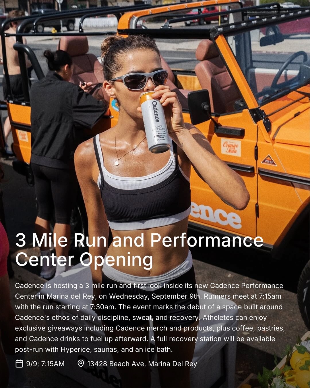 runner drinking a Cadence drink with event details for the performance center opening