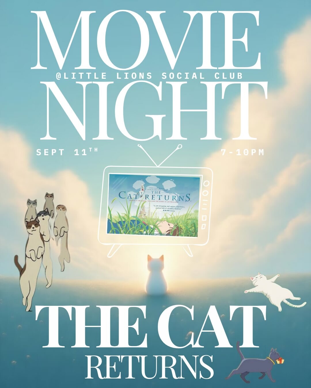 Movie Night The Cat Returns flyer for September 11 at Little Lions Social Club