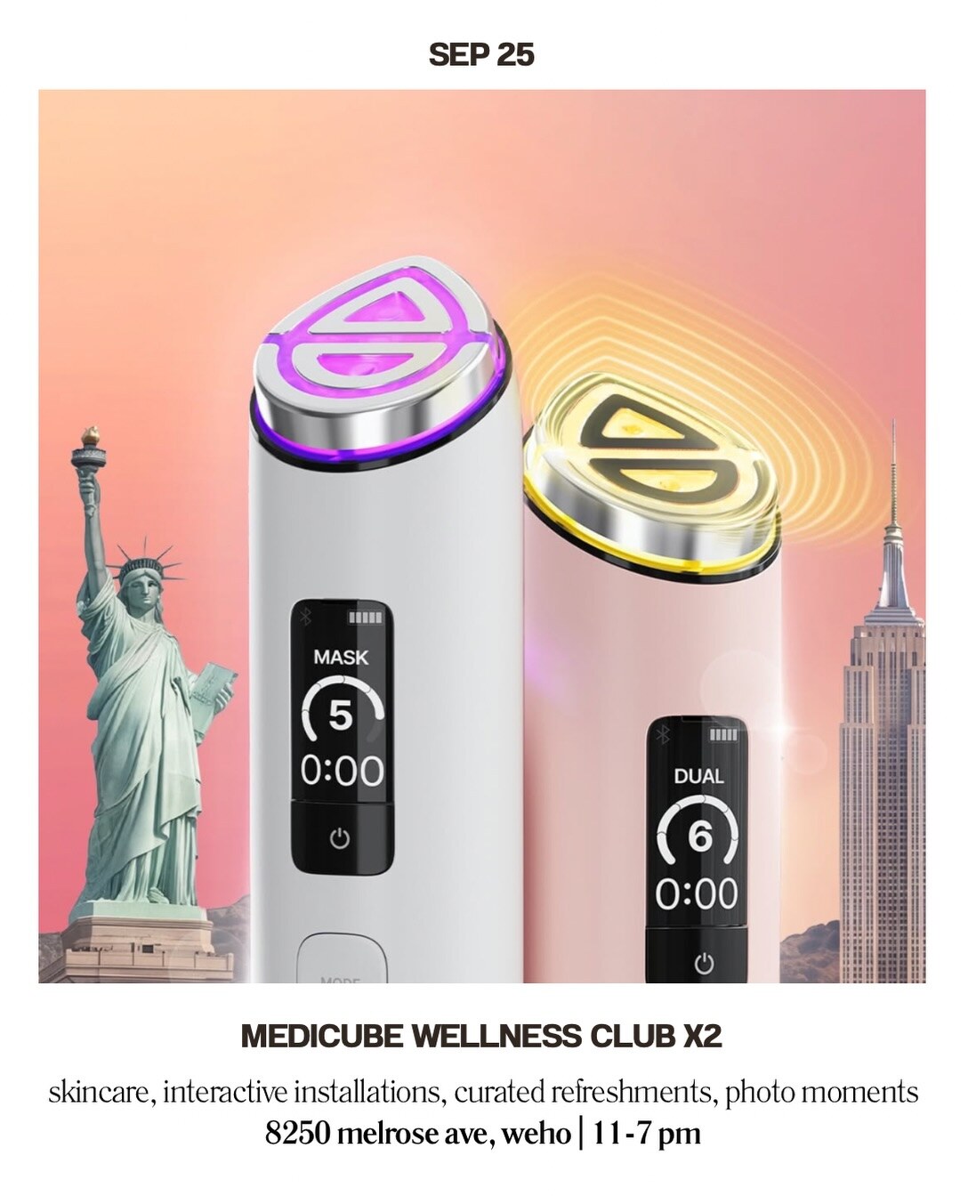 Medicube Wellness Club X2 event card with the Melrose address and hours.