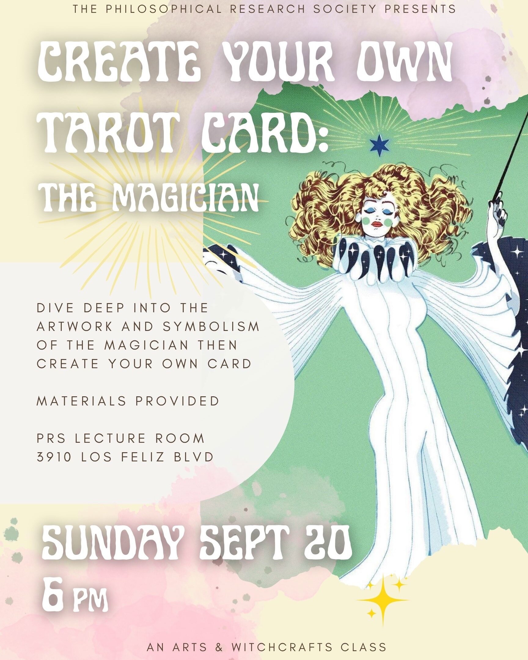 Create Your Own Tarot Card: The Magician class flyer for September 20 at the Philosophical Research Society