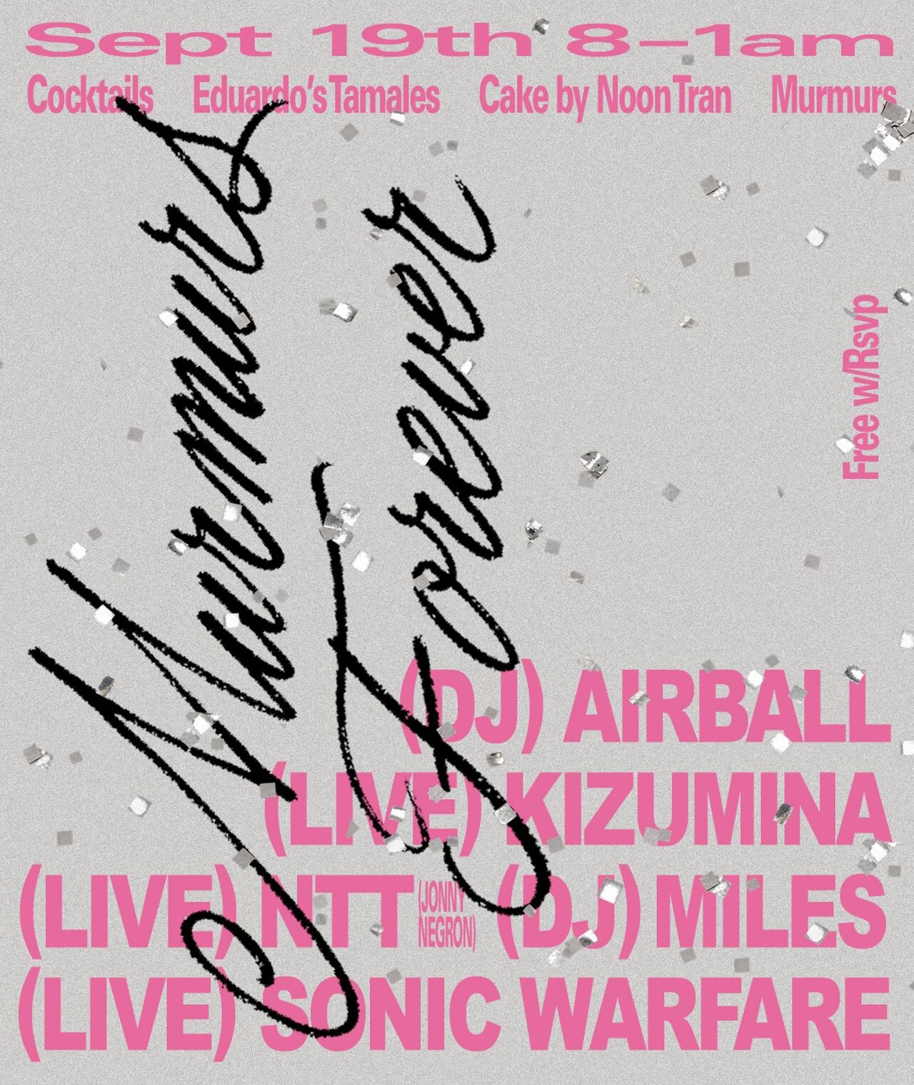 Celebrate Murmurs farewell party flyer with pink type
