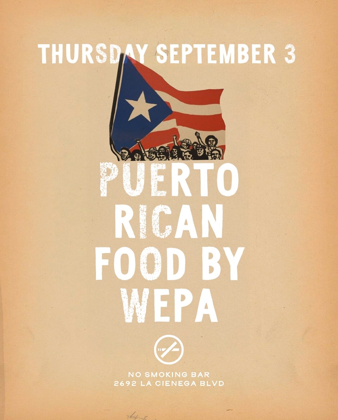 Puerto Rican food by Wepa flyer for September 3 at No Smoking Bar