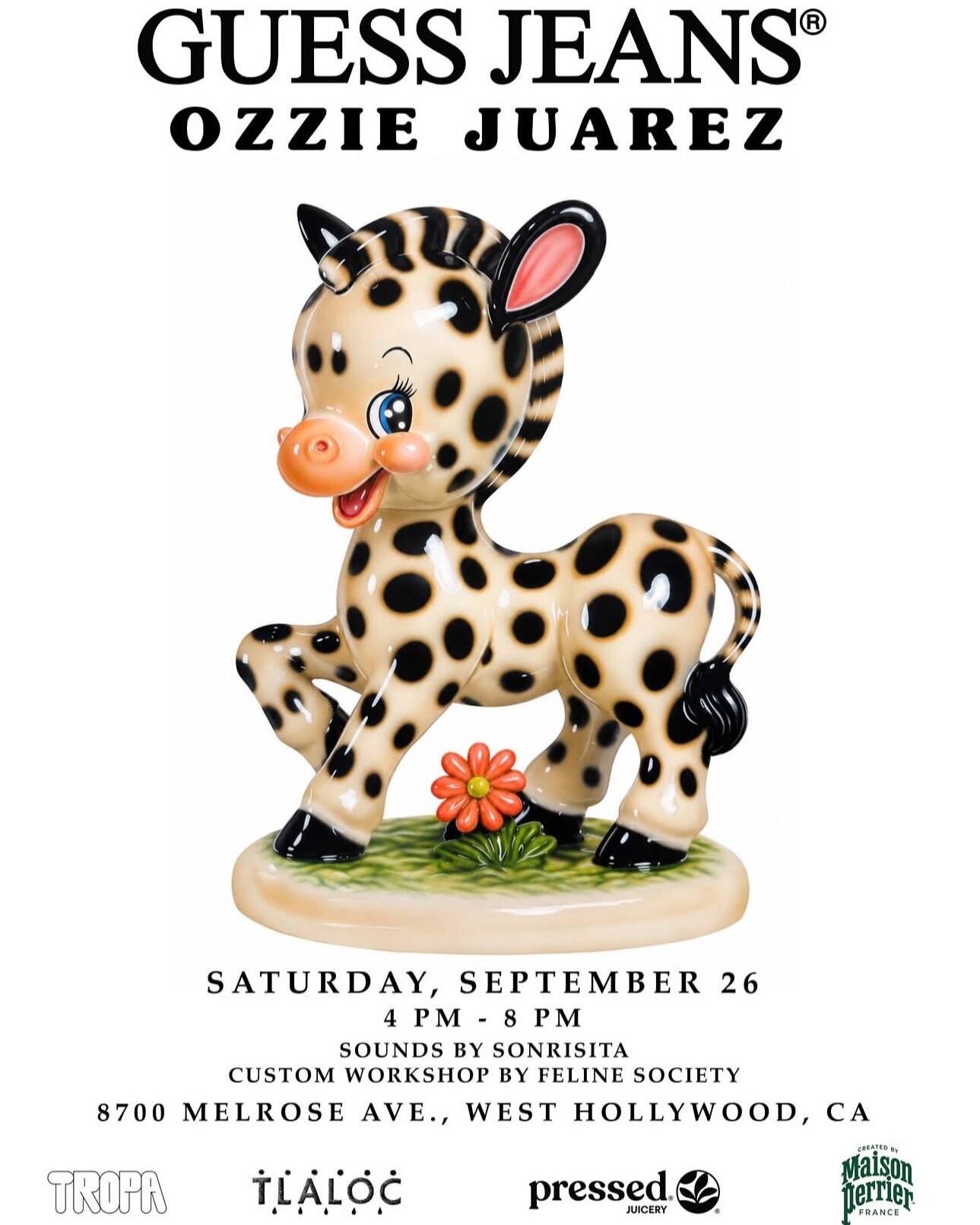 GUESS JEANS and Ozzie Juarez collaboration flyer with Melrose address and 4 to 8 PM hours.