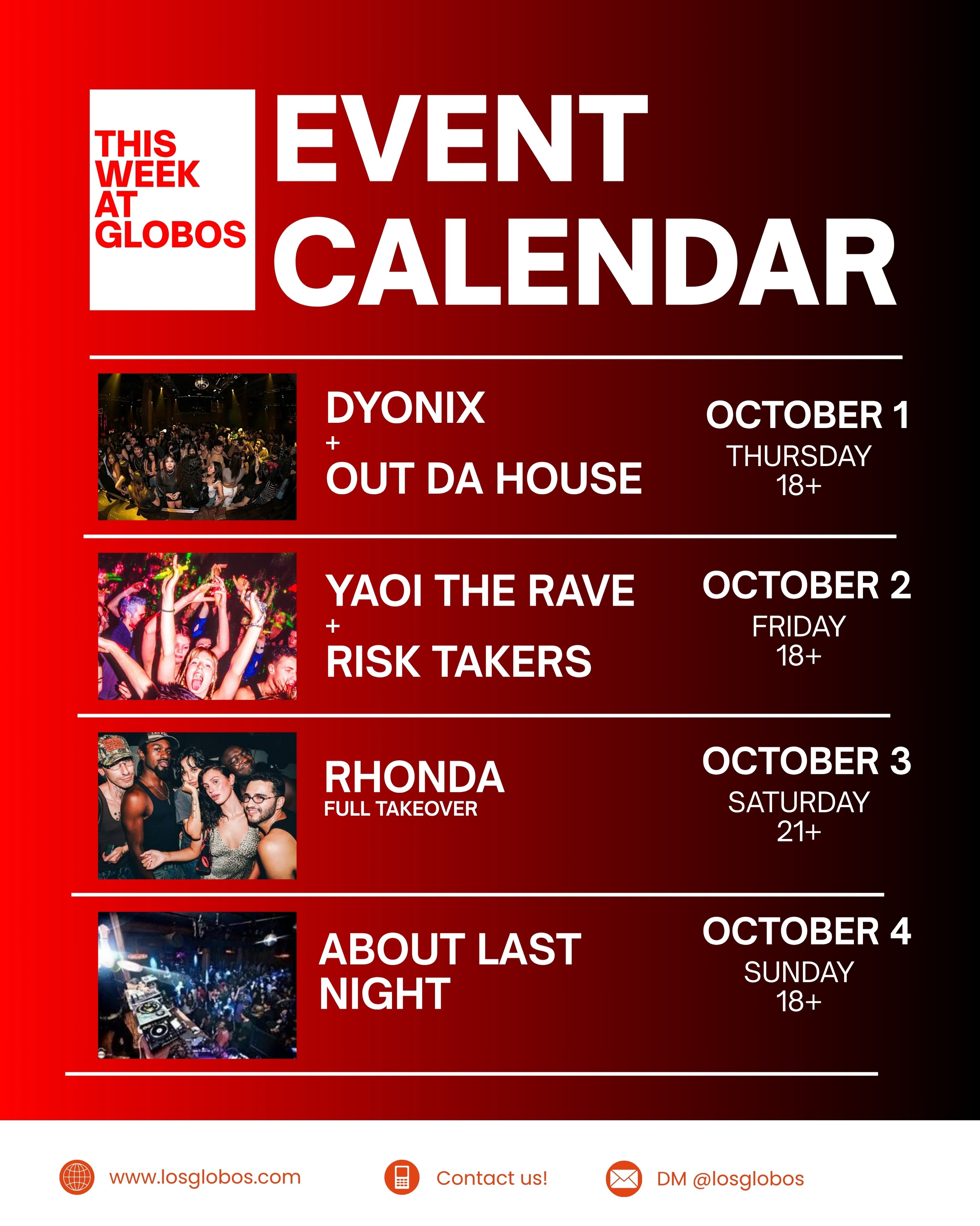 Los Globos October event calendar featuring Yaoi The Rave and Risk Takers on October 2