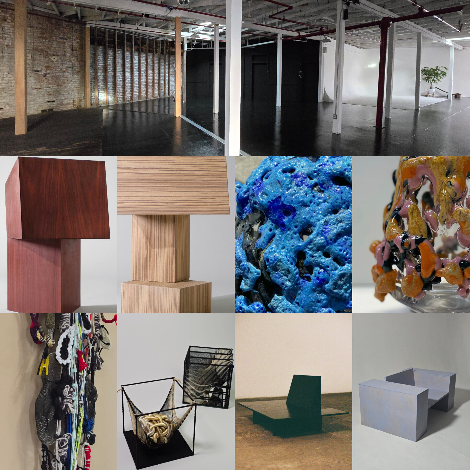 Collage of furniture, art, glass, fiber and design work for the Scales Atelier open studio.
