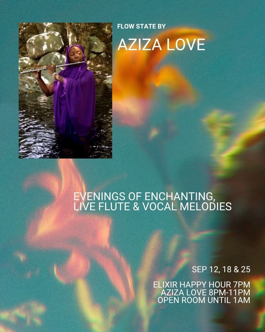 Green Jai Tea Loft flyer for live flute and vocal melodies by Aziza Love.