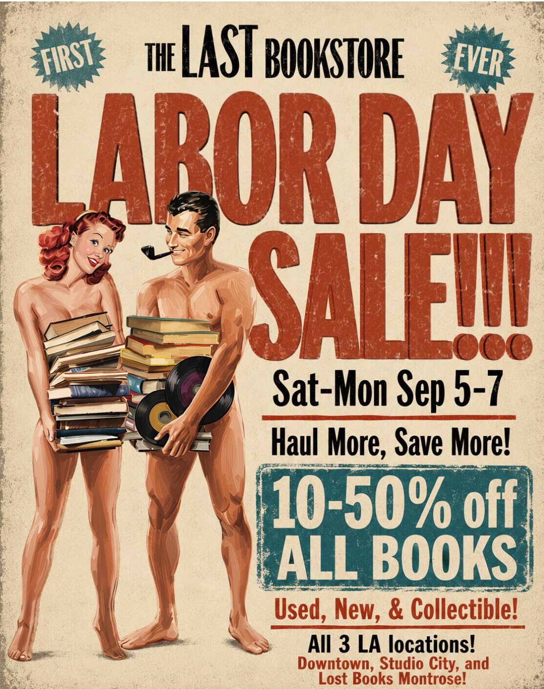 The Last Bookstore Labor Day Sale poster advertising 10 to 50 percent off at all three locations
