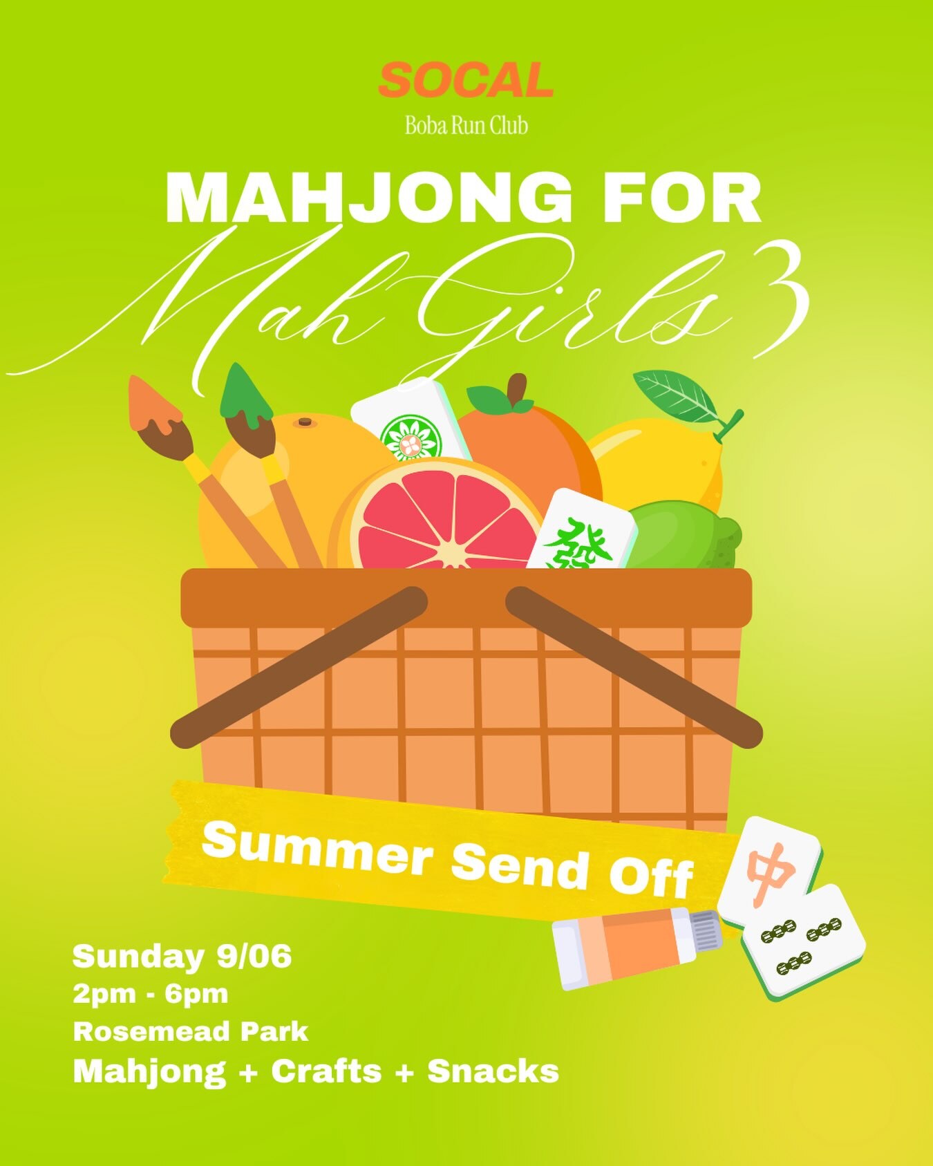 Mahjong for Mah Girls summer send-off flyer for September 6 at Rosemead Park