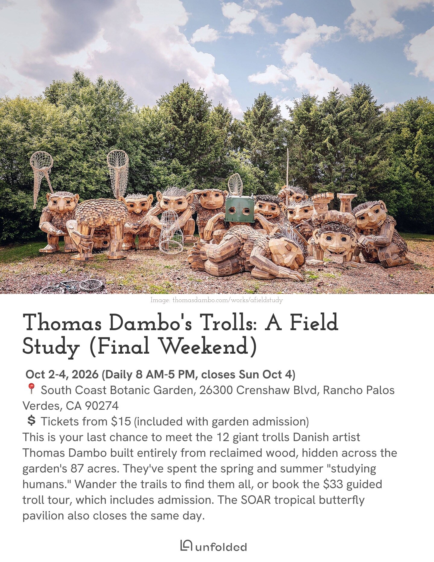 Thomas Dambo Trolls final-weekend flyer for South Coast Botanic Garden October 2 through 4.