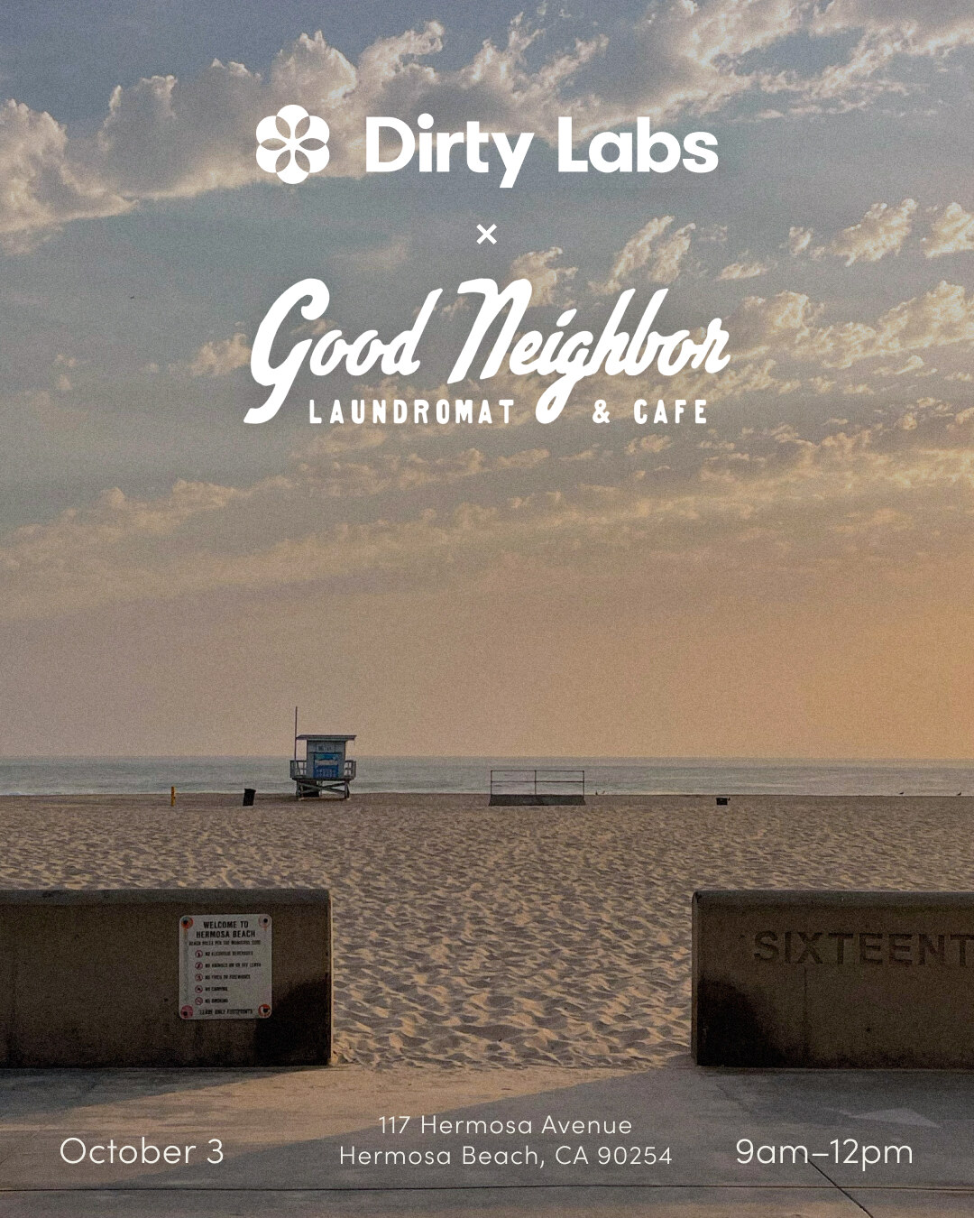 Dirty Labs and Good Neighbor pop-up flyer for October 3 at 117 Hermosa Avenue.