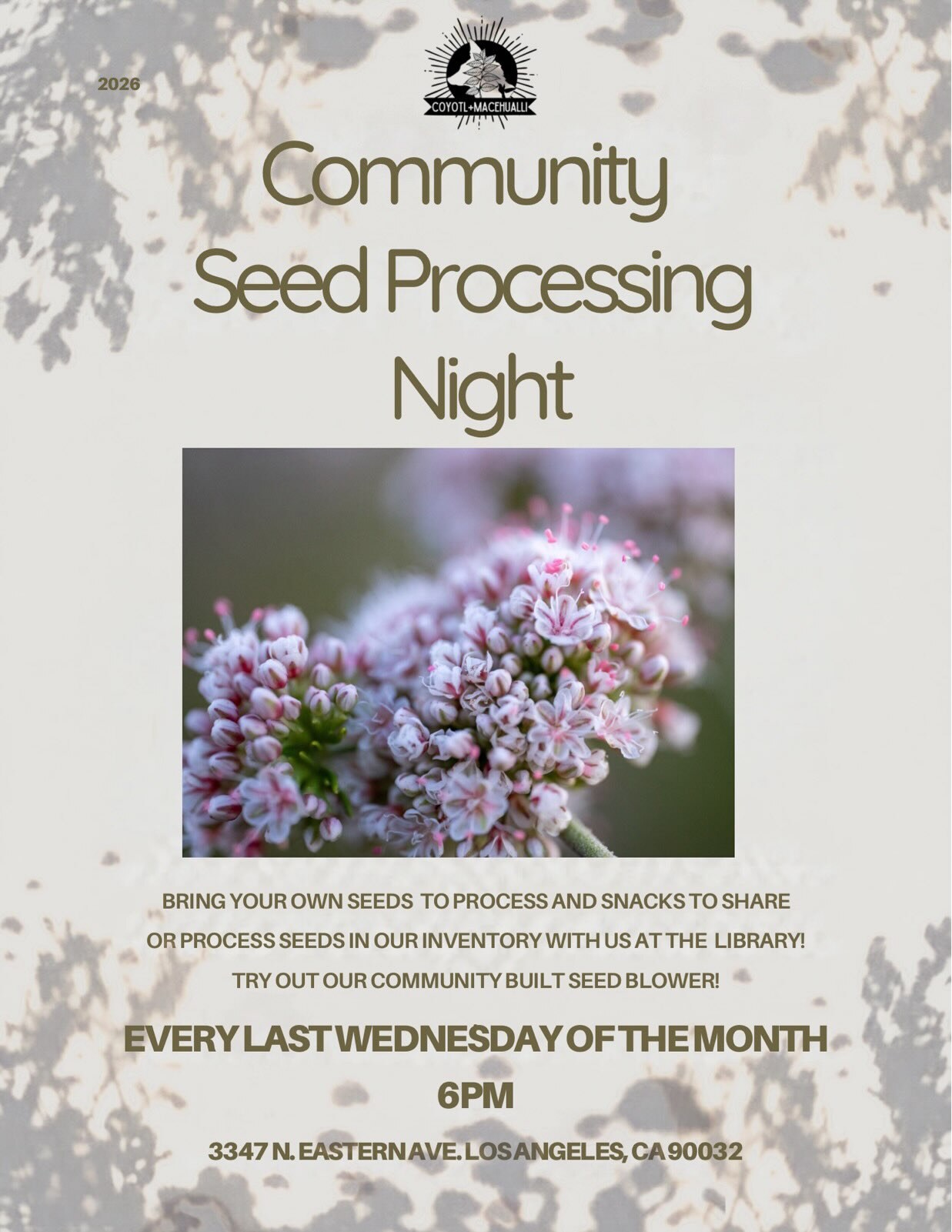 Community Seed Processing Night flyer with a seed-flower photograph and the monthly schedule at Coyotl wan Macehualli Lending Library.
