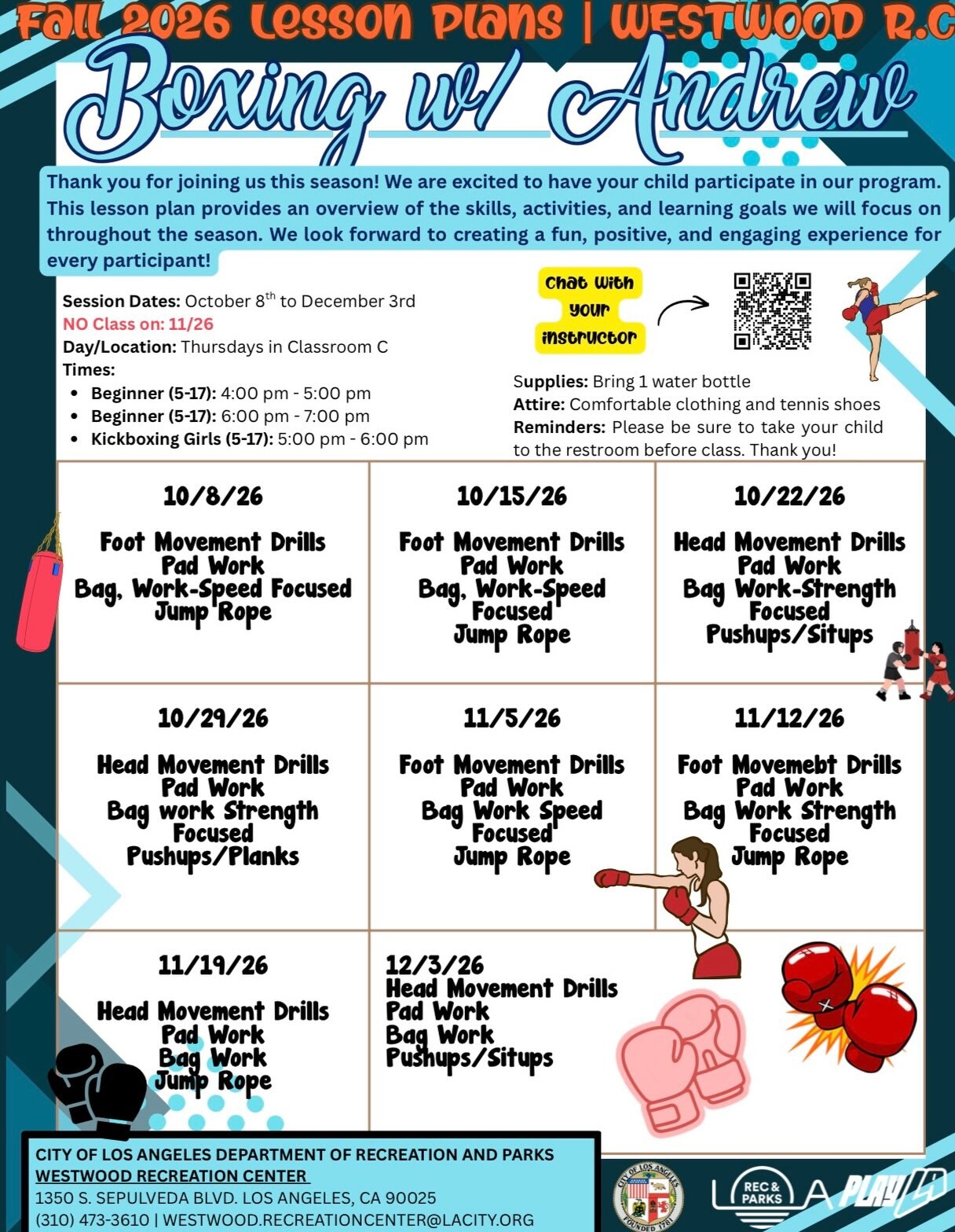 Westwood Recreation Center Fall 2026 Boxing lesson-plan flyer with boxing and girls kickboxing class times.