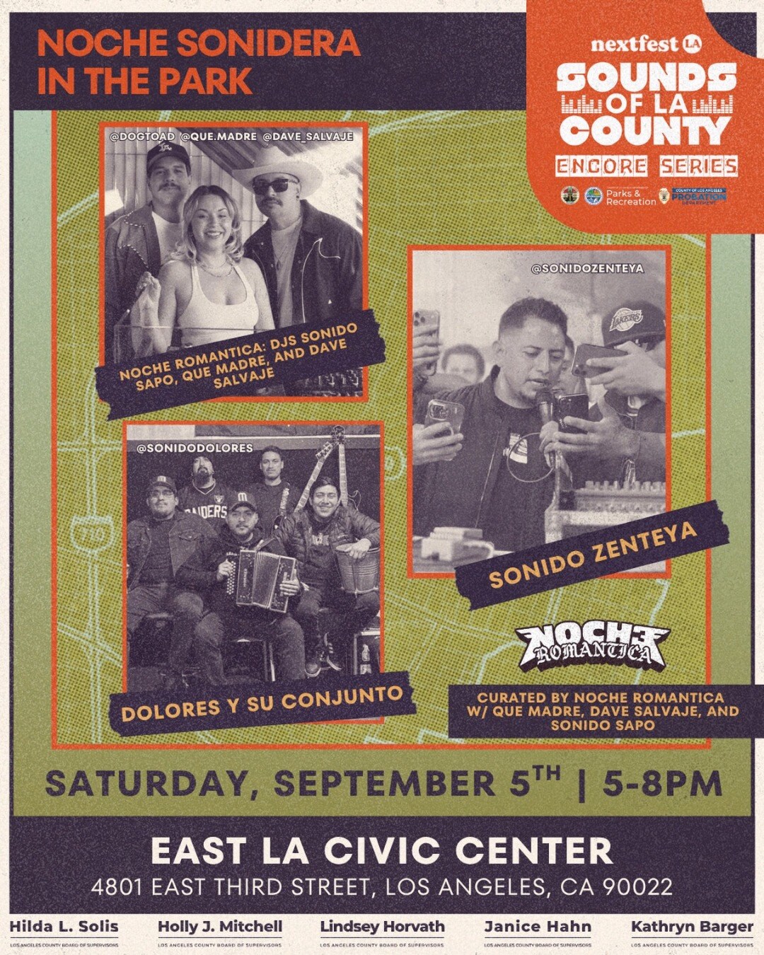 Noche Sonidera in the Park flyer at East LA Civic Center on September 5