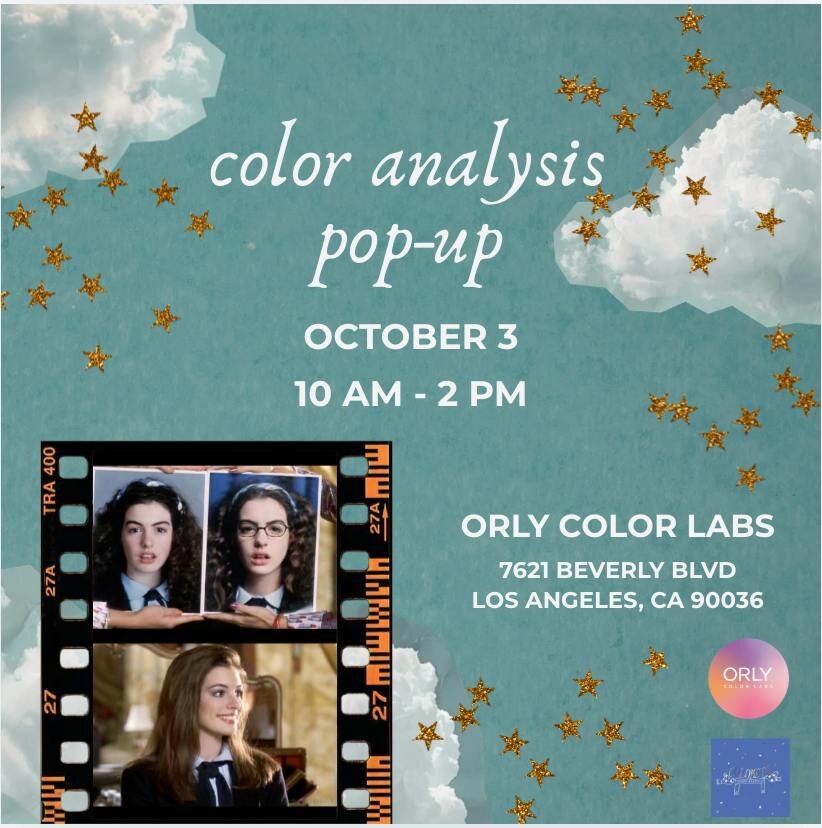 Color analysis pop-up flyer with film stills and ORLY Color Labs details.