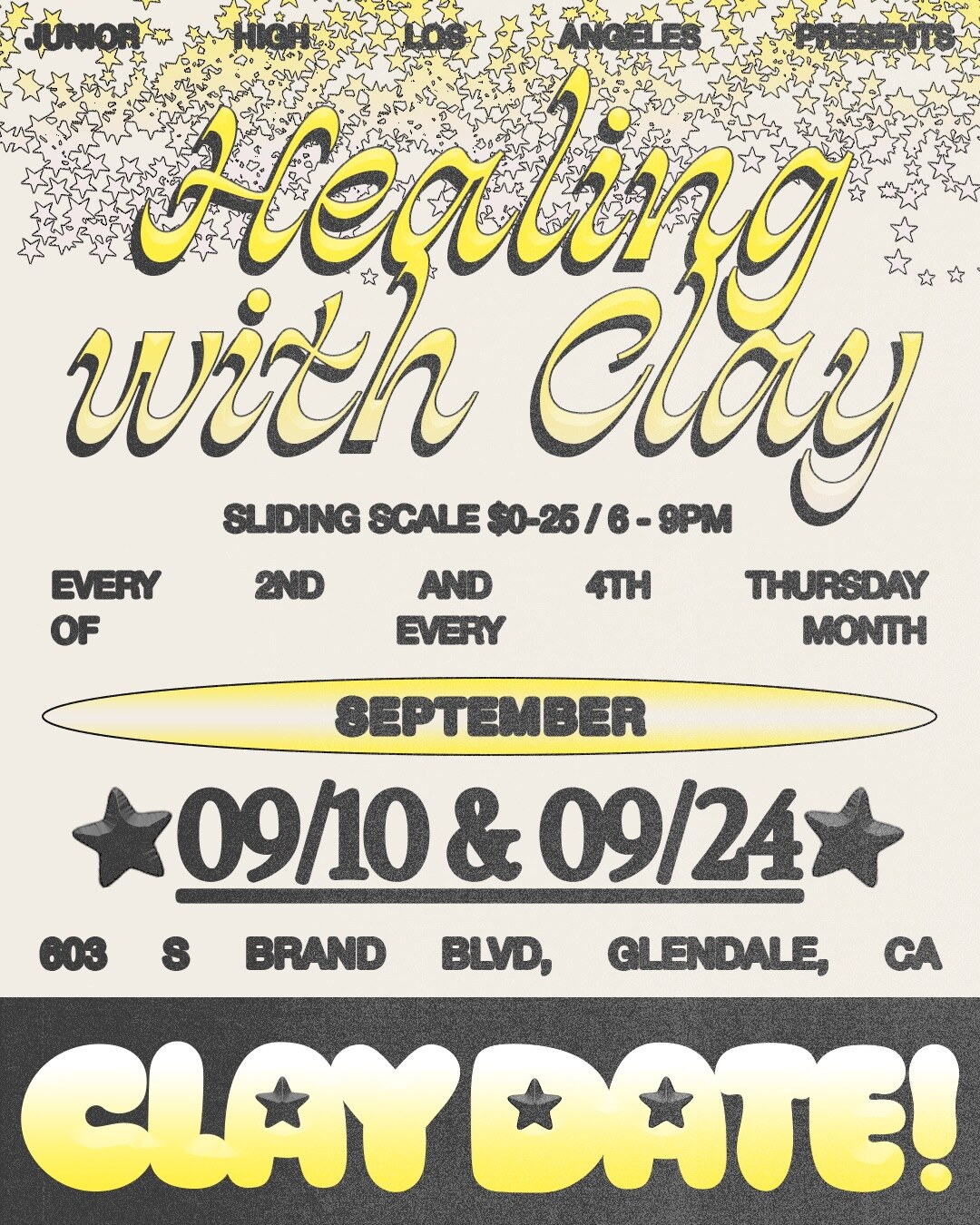 Healing with Clay flyer listing September 10 and 24 at Junior High.