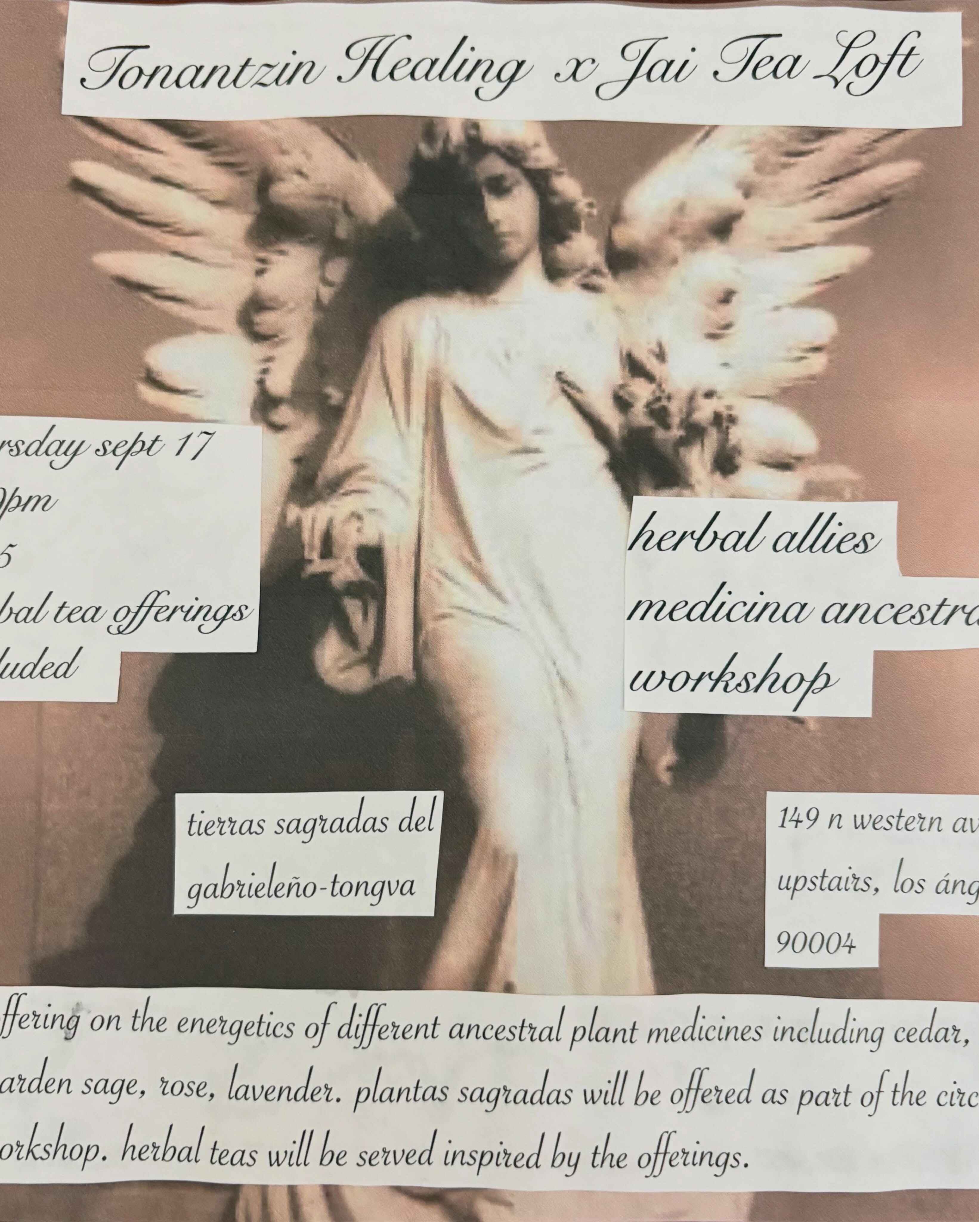 Collage flyer for Tonantzin Healing's Herbal Allies Medicina Ancestral workshop at Jai Tea Loft.