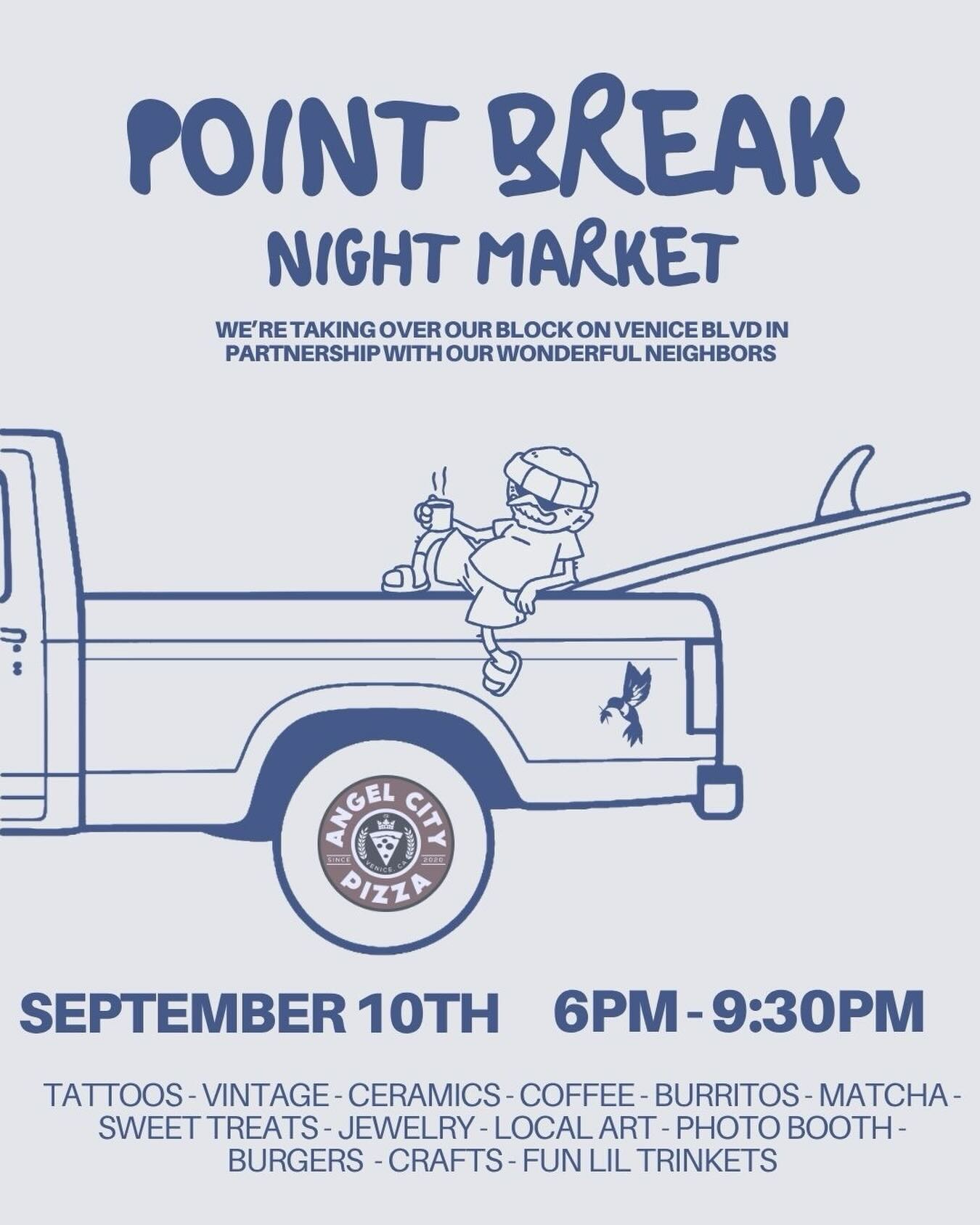 Blue Point Break Night Market flyer with a pickup truck and September 10 details.