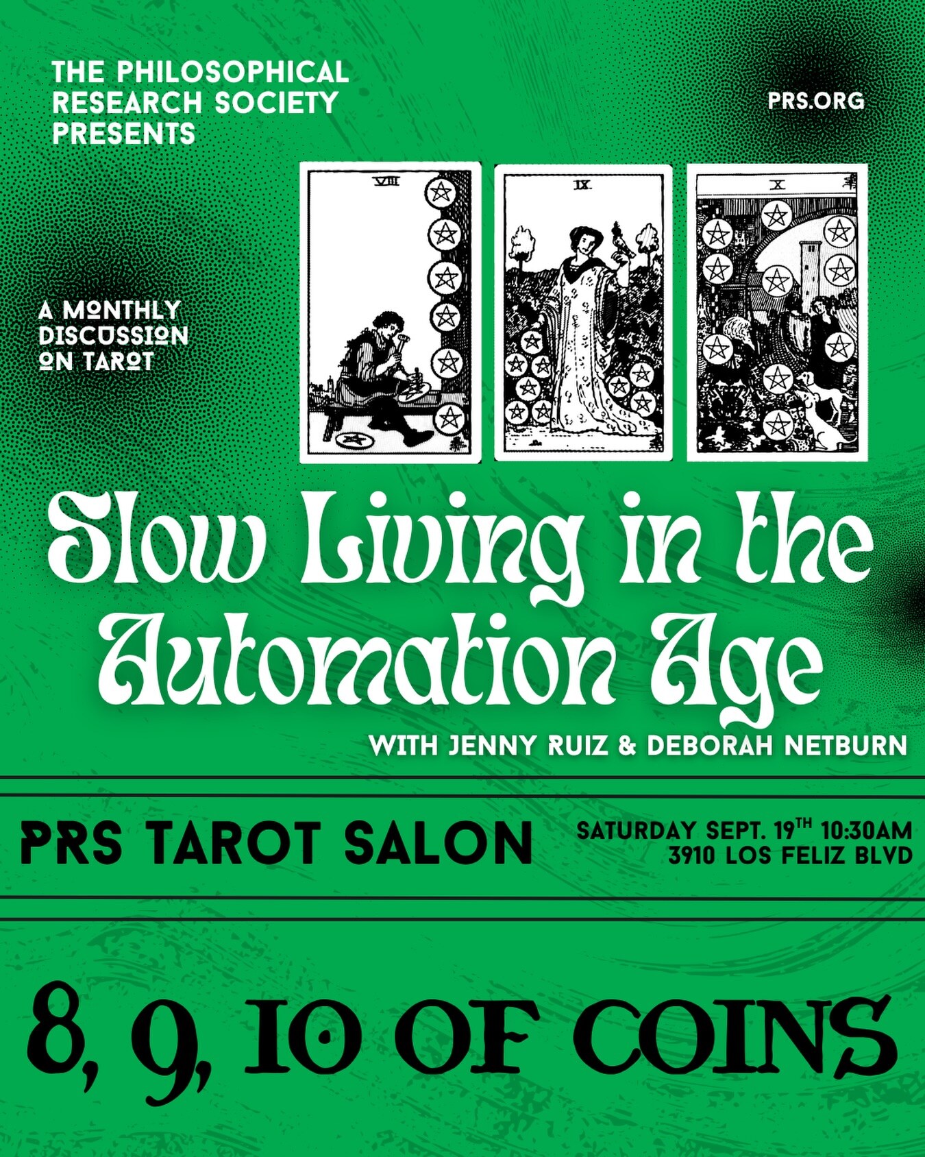 Green Tarot Salon flyer for Slow Living in the Automation Age on September 19