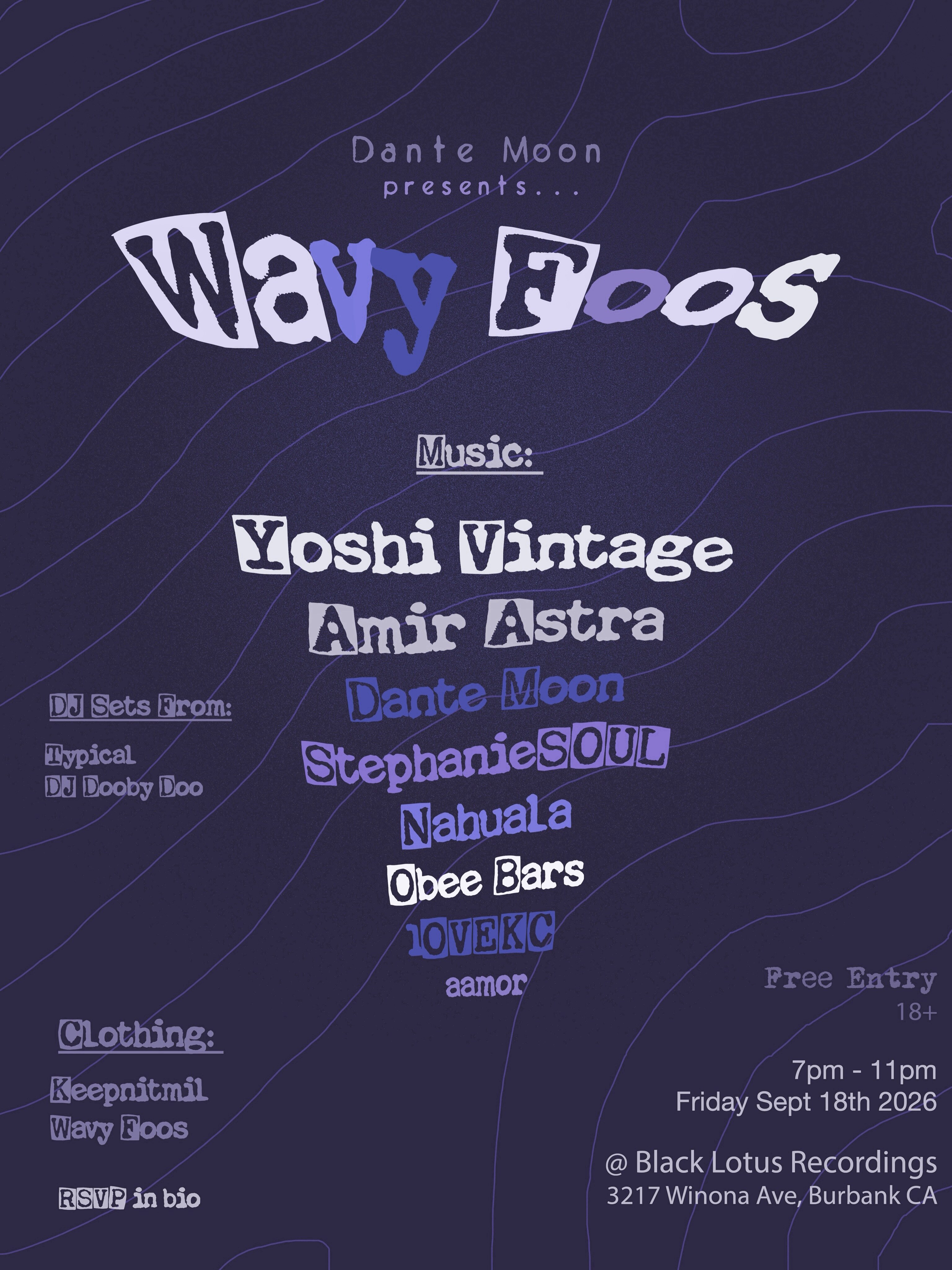 Wavy Foos Showcase flyer listing artists, DJs and clothing vendors