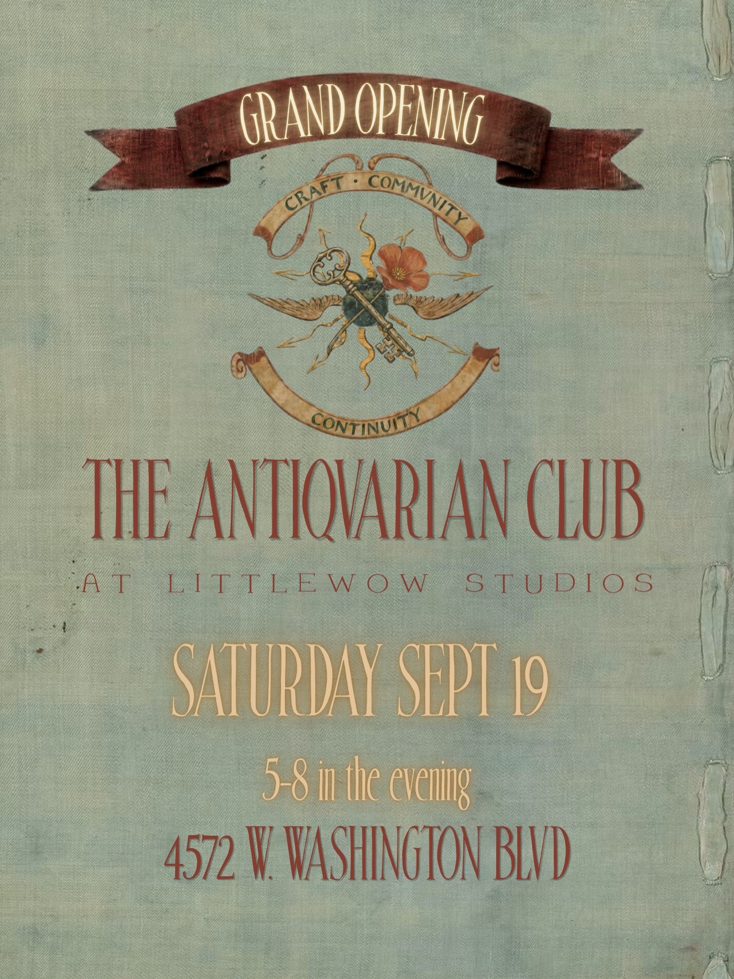 The Antiquarian Club grand opening flyer for September 19 at littlewow studios