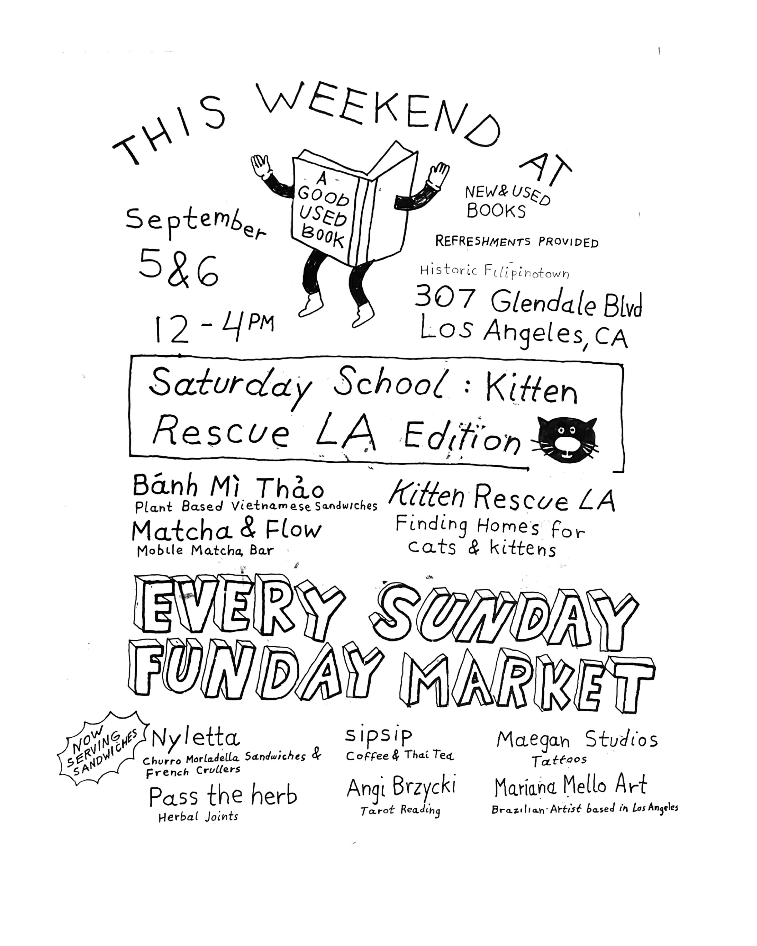 A Good Used Book weekend flyer for Saturday School Kitten Rescue LA Edition
