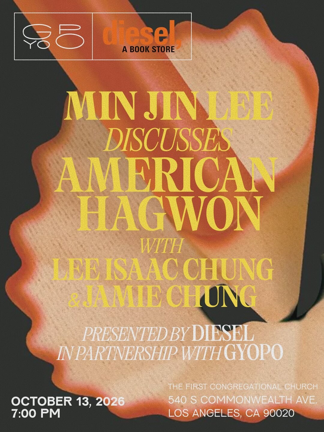 American Hagwon author event flyer with Min Jin Lee, Lee Isaac Chung and Jamie Chung