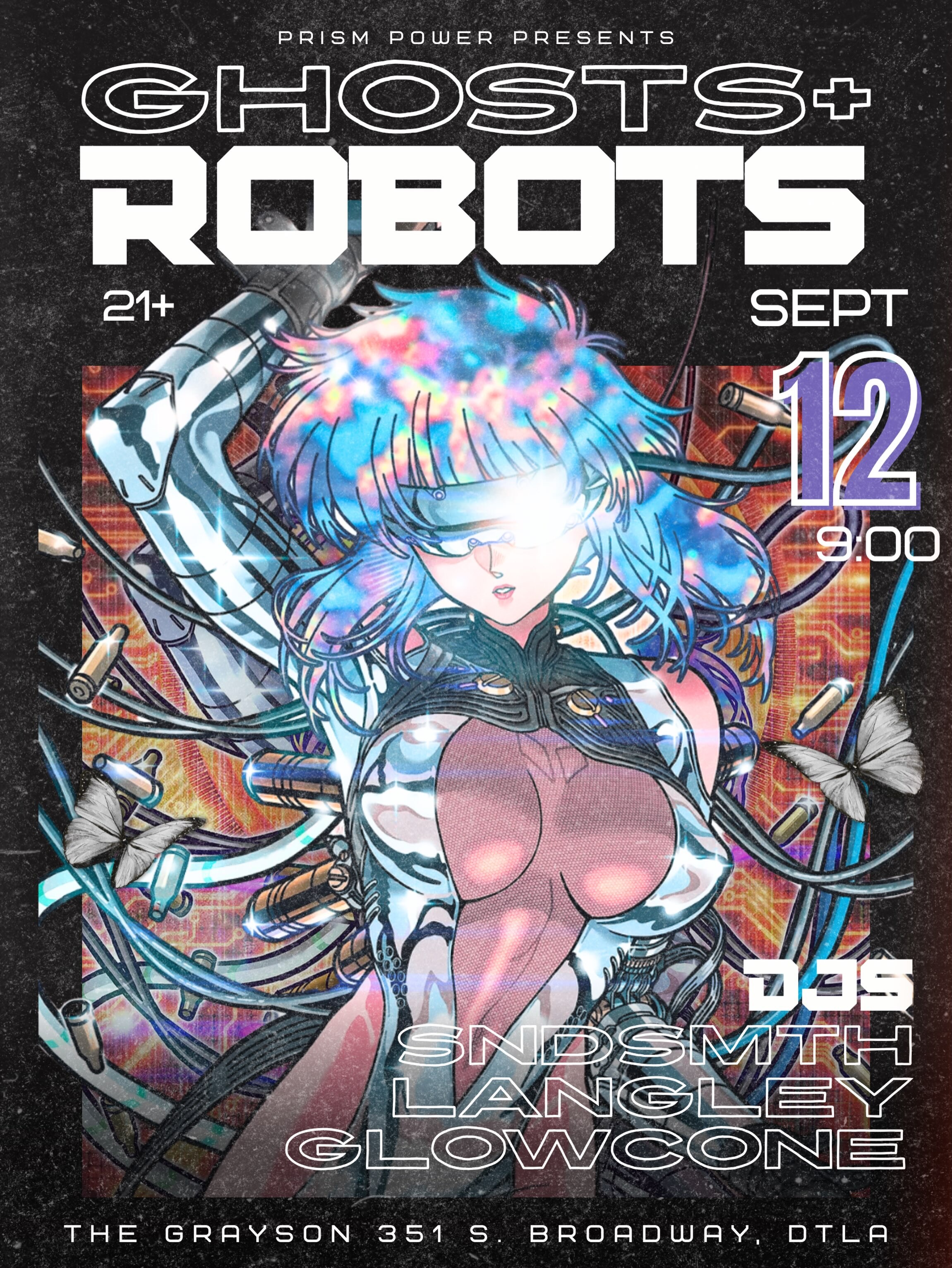 Ghosts and Robots cyberpunk anime dance party flyer