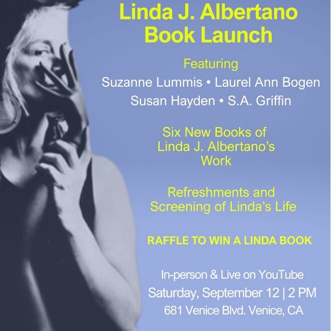 Linda J. Albertano Book Launch flyer listing the featured readers and six new books