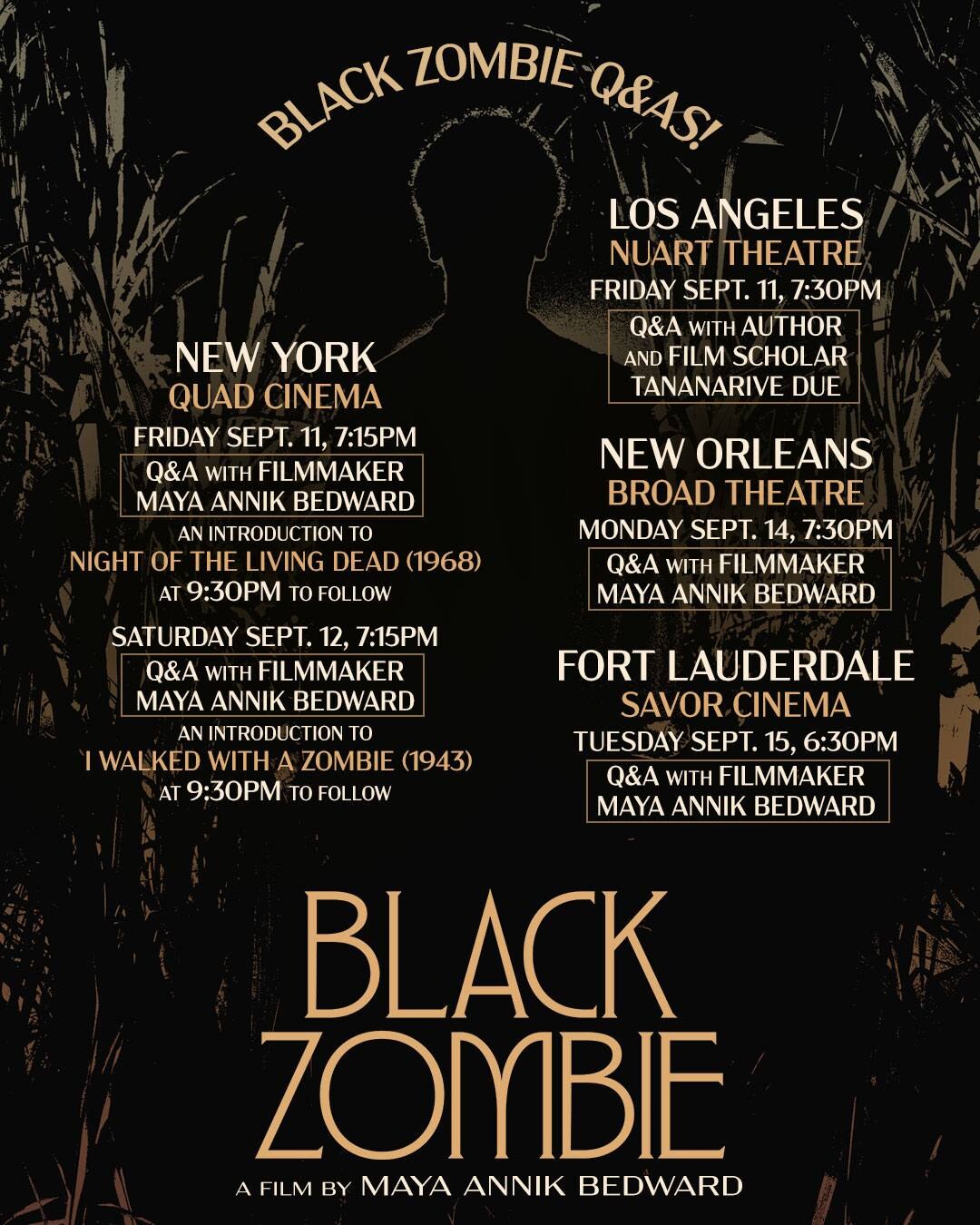Black Zombie Q&As flyer listing the Los Angeles Nuart Theatre screening with Tananarive Due