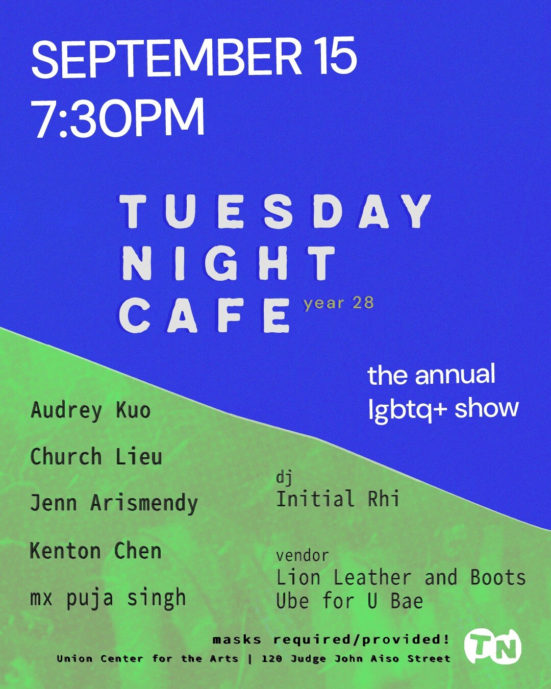 Tuesday Night Cafe annual LGBTQ+ show flyer listing the September 15 lineup