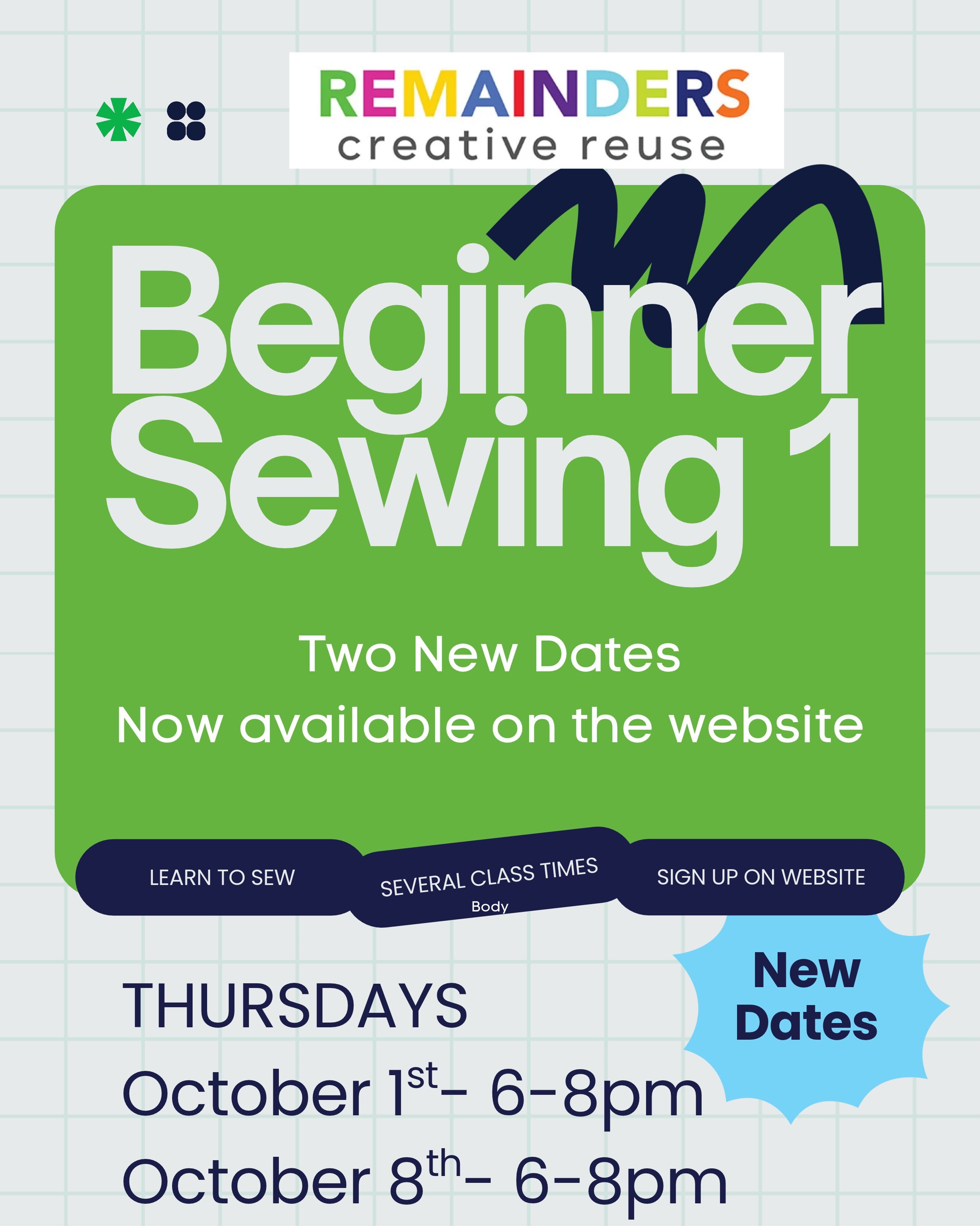 Remainders Creative Reuse Beginner Sewing 1 flyer announcing Thursday October 1 and October 8 classes from 6 to 8 PM.