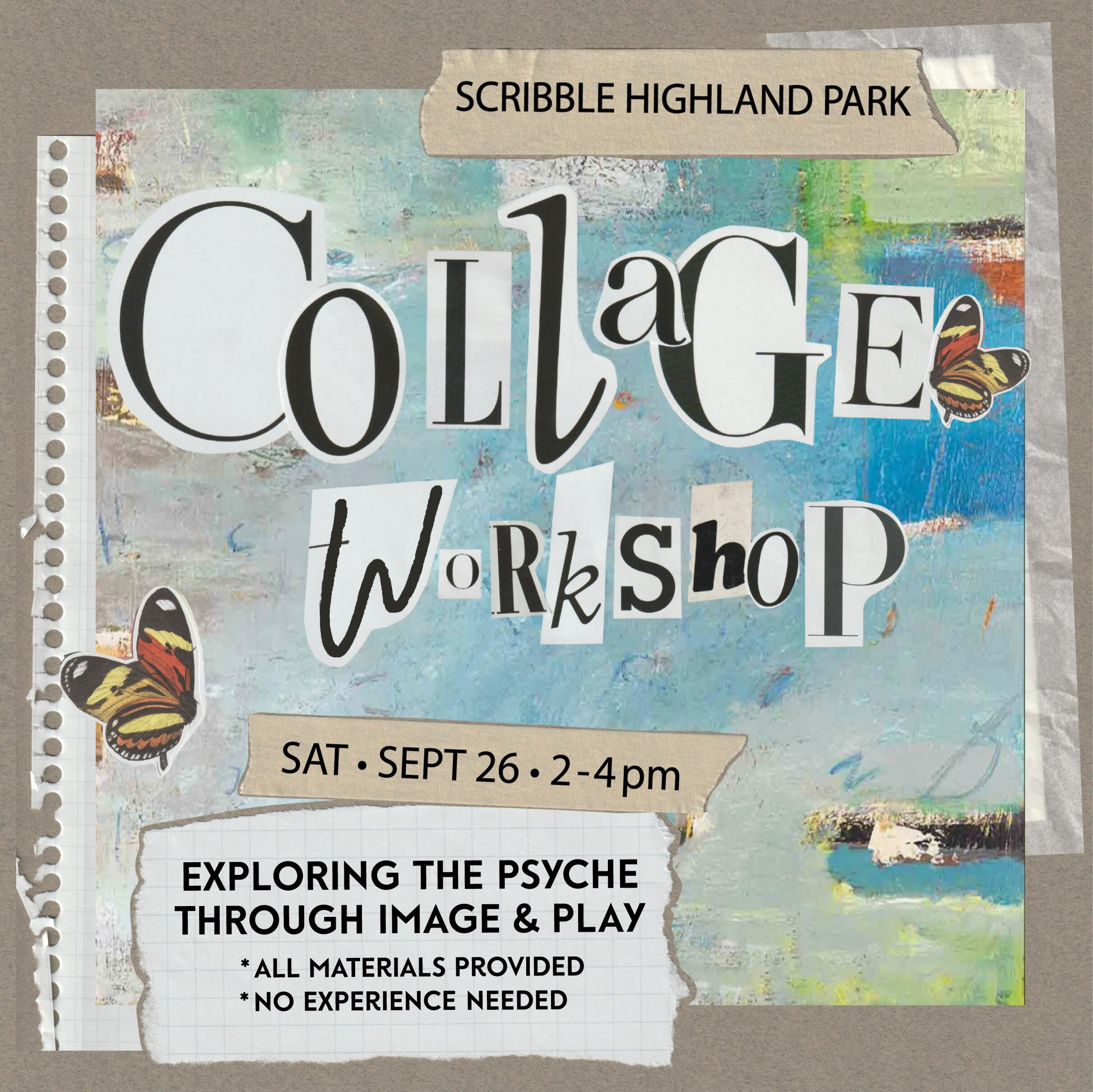 Collage workshop flyer for September 26 at Scribble Highland Park