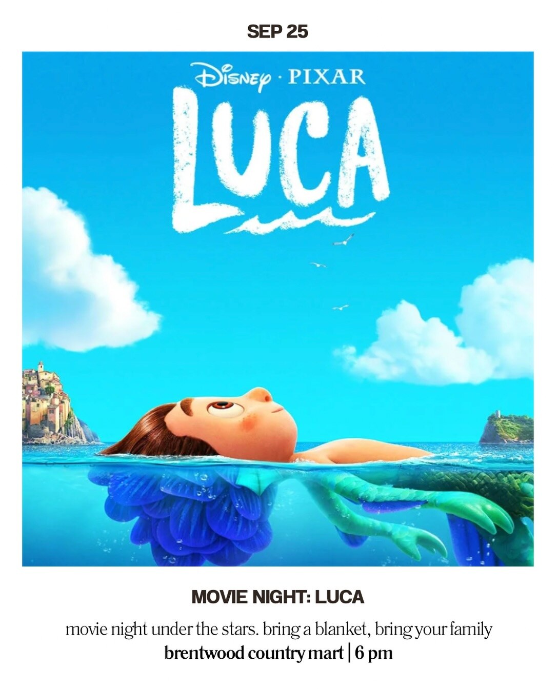 Luca movie night card with Brentwood Country Mart location and 6 PM start.