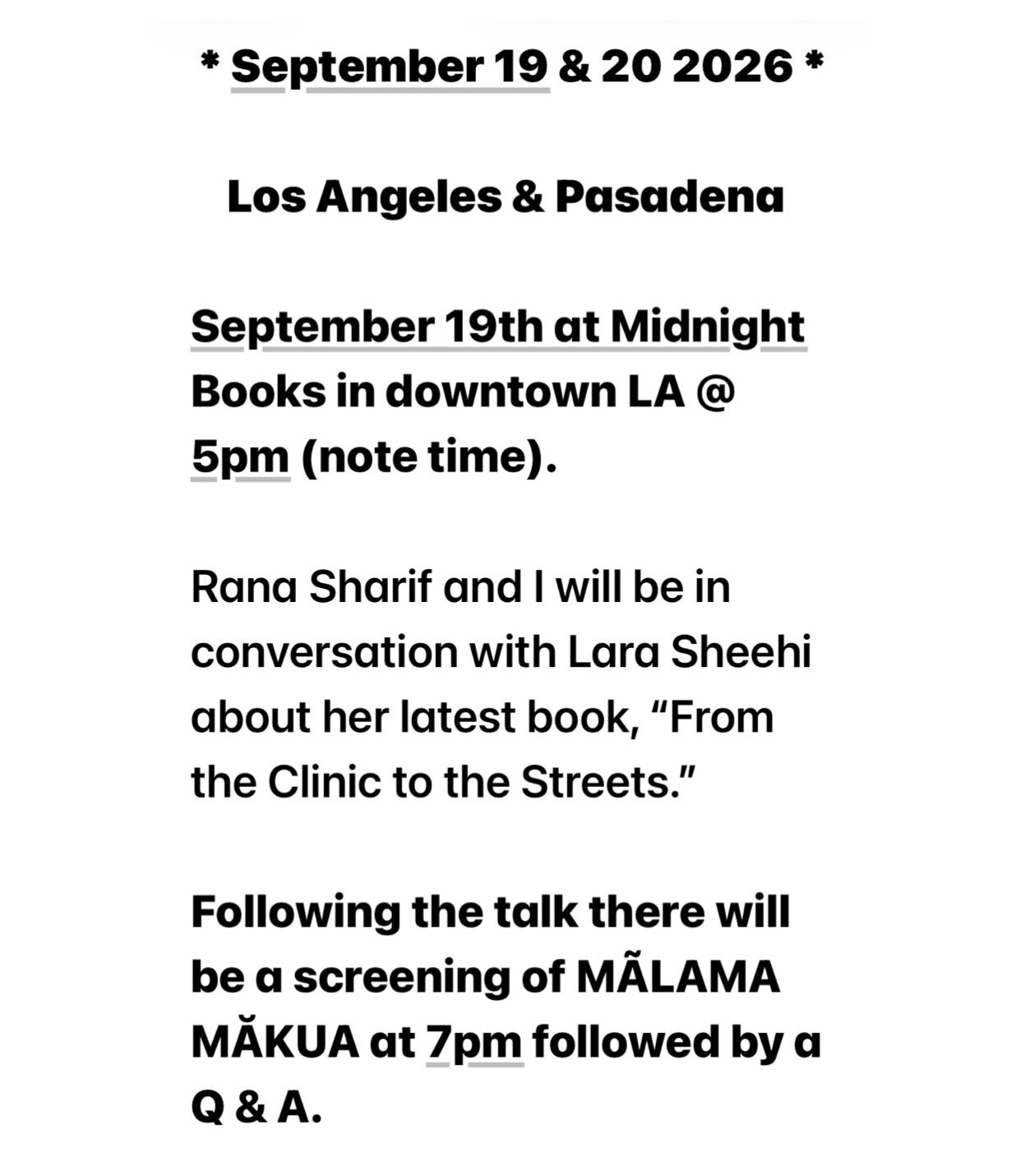 White flyer listing the Los Angeles and Pasadena From the Clinic to the Streets events