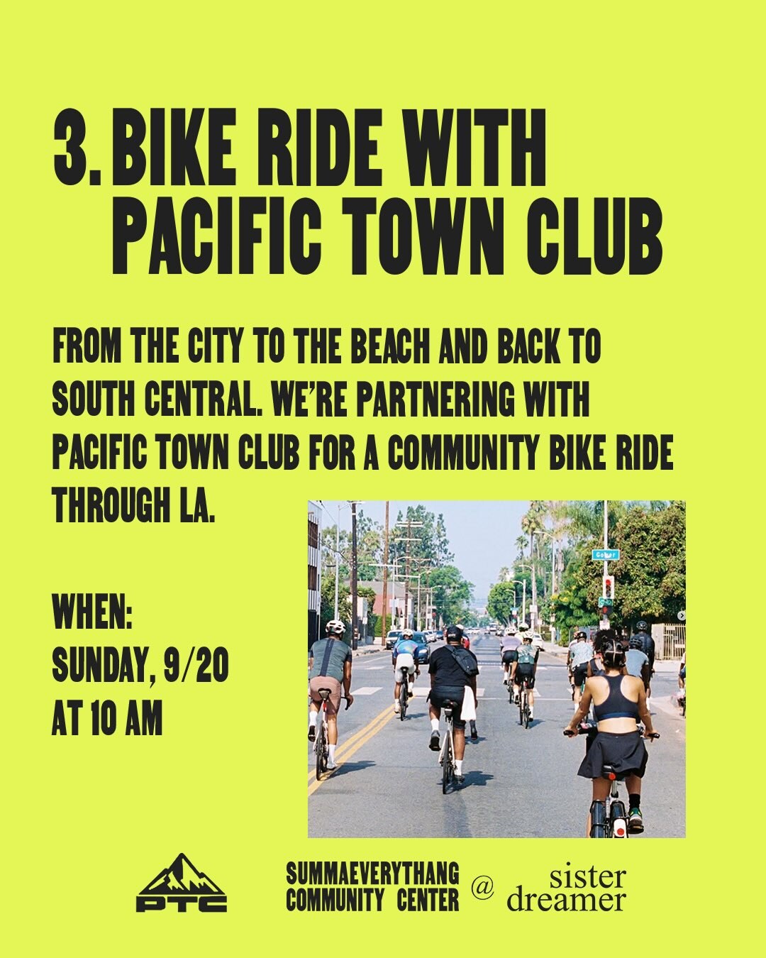 Pacific Town Club community bike ride flyer for September 20 at sister dreamer