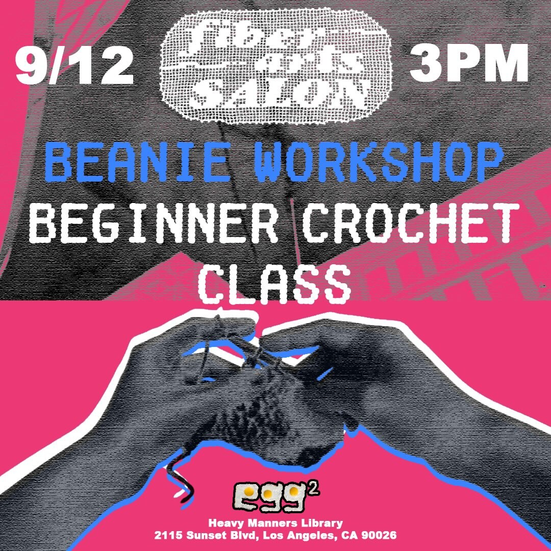 Beginner crochet beanie workshop flyer for September 12 at Heavy Manners Library