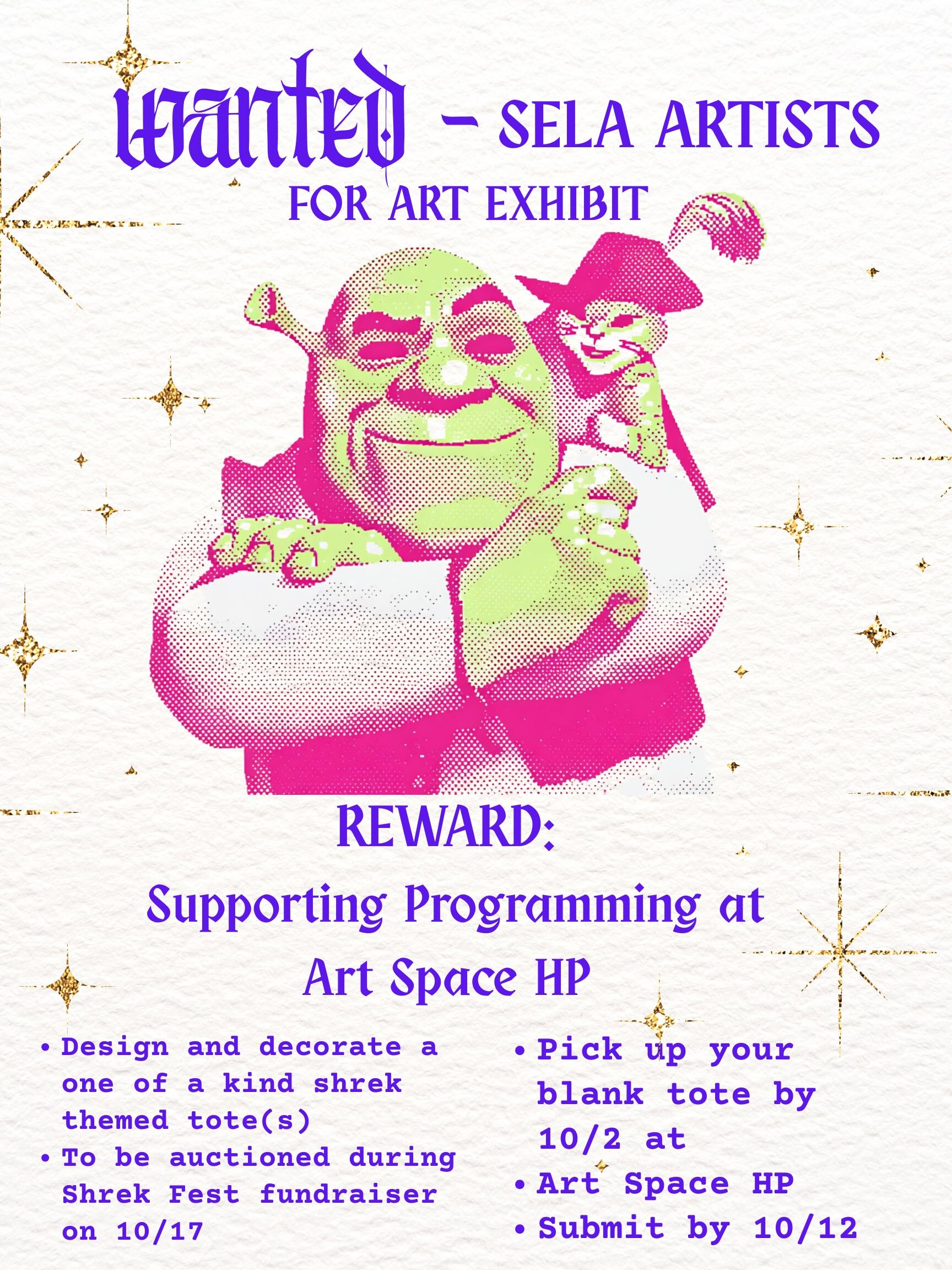 Shrek Fest 2026 flyer listing Art Space HP, October 17, doors at 6 PM and fundraiser activities.