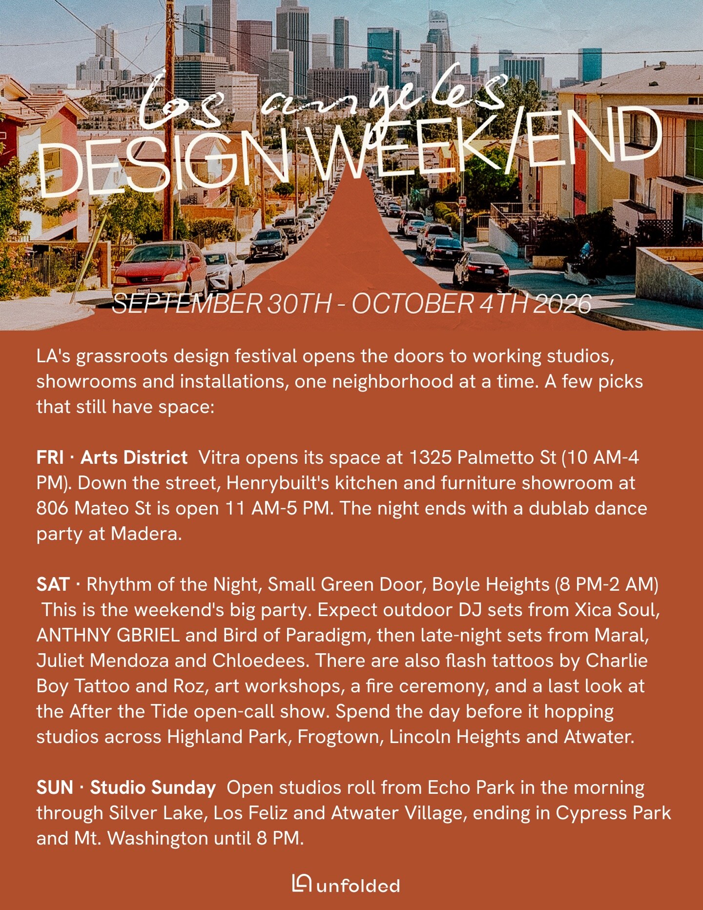LA Design Week/end flyer announcing a citywide design festival from October 2 through 4.