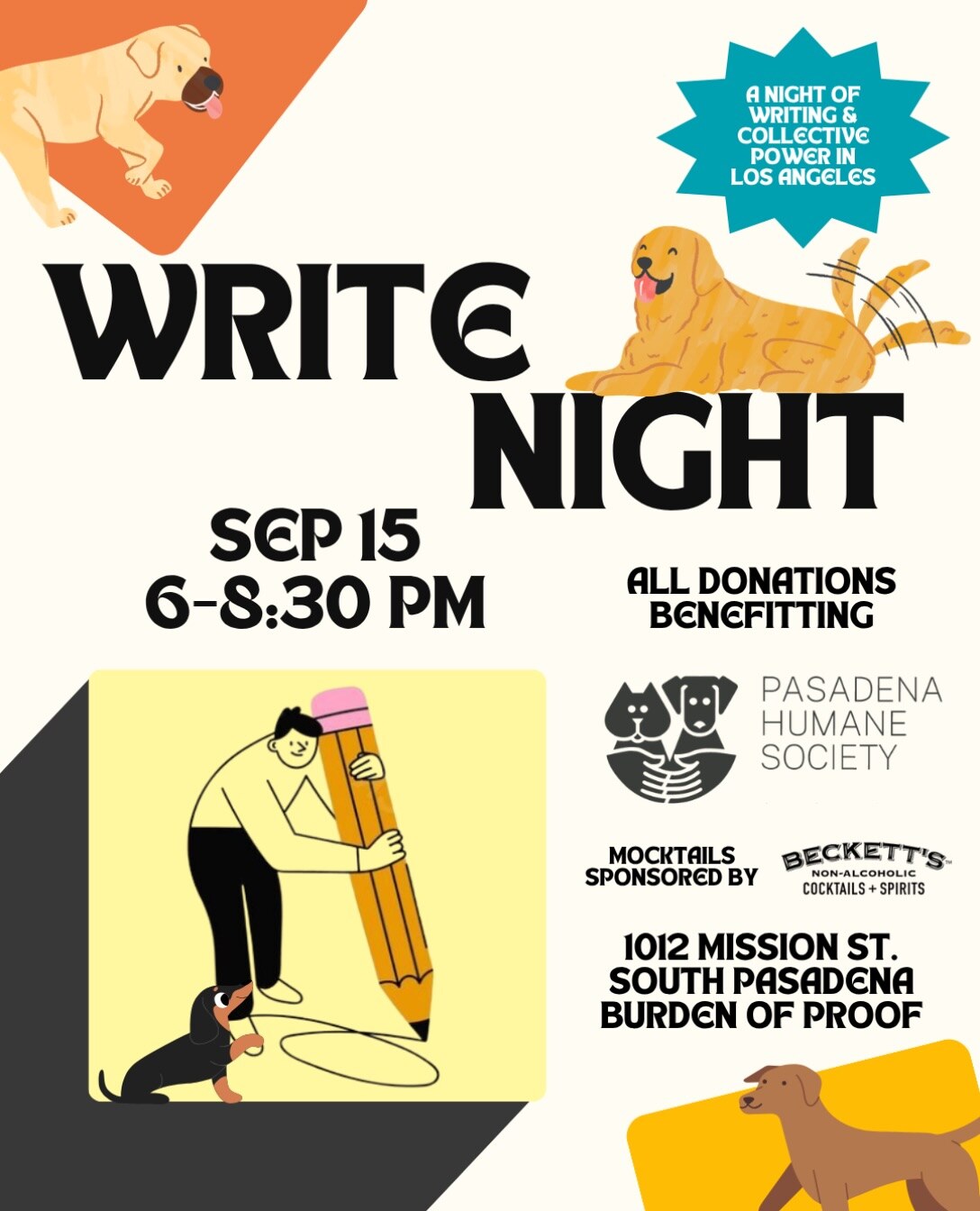 Write Night September 15 fundraiser flyer with illustrated dogs and writing supplies