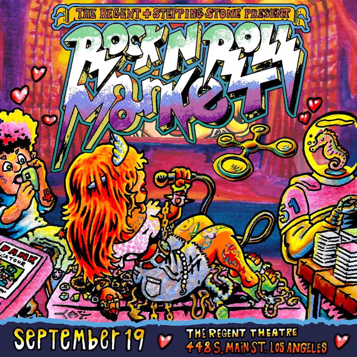 Colorful Rock N Roll Flea Market flyer for September 19 at The Regent Theatre