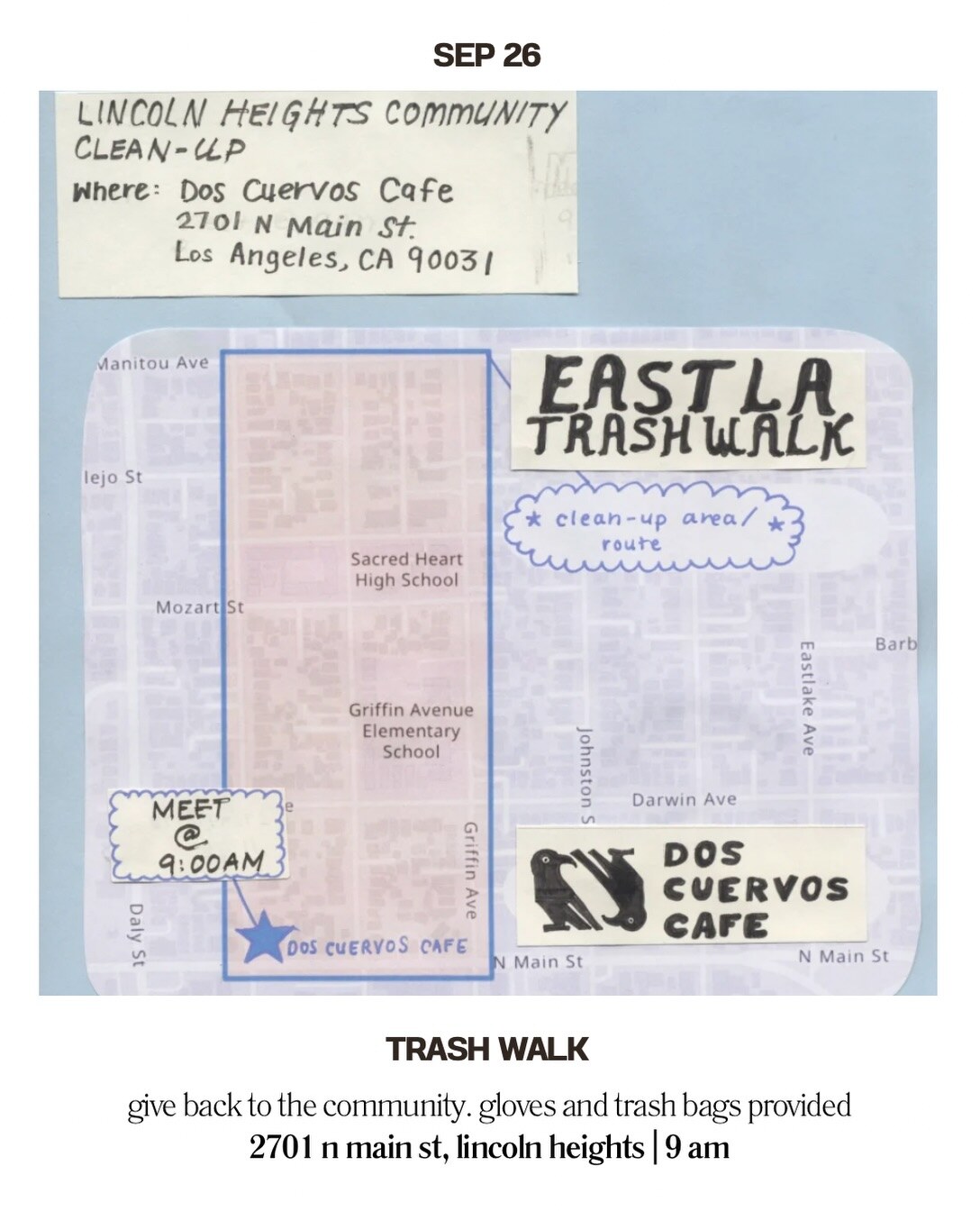 Lincoln Heights community clean-up and trash walk card with meeting point at Dos Cuervos Cafe.