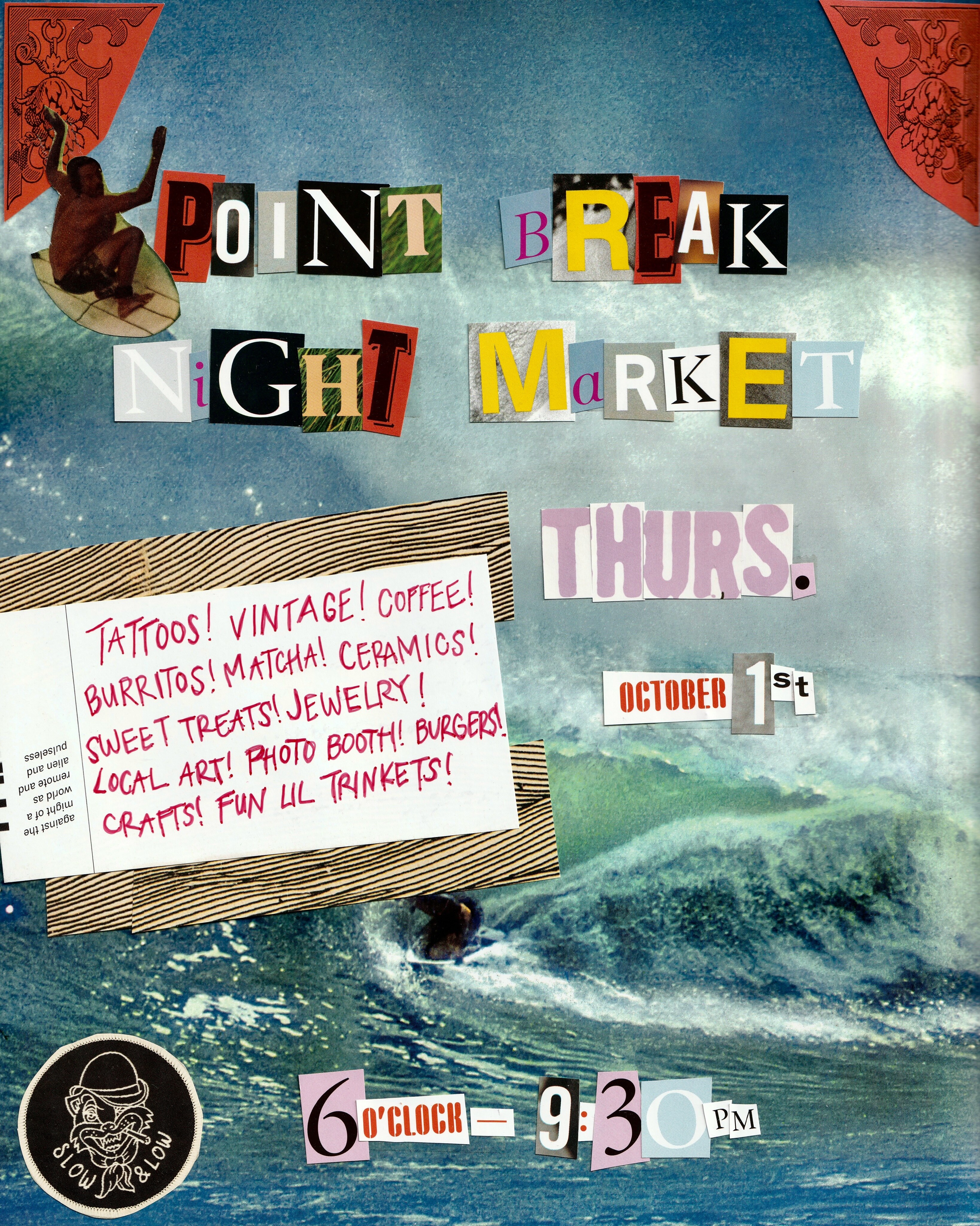 Point Break Market flyer announcing the October 1 evening market at Saba Coffee Shop.