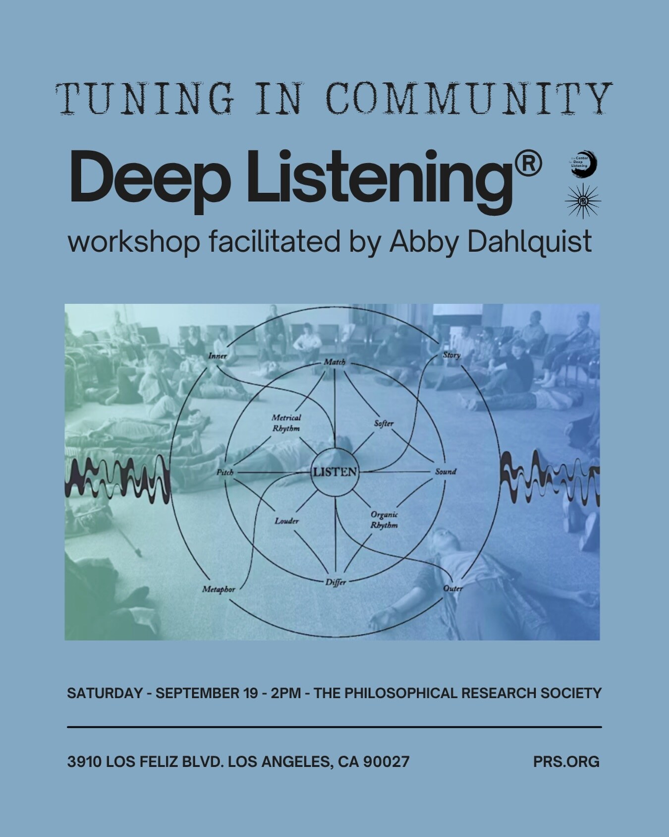 Tuning In Community Deep Listening workshop flyer for September 19 at PRS