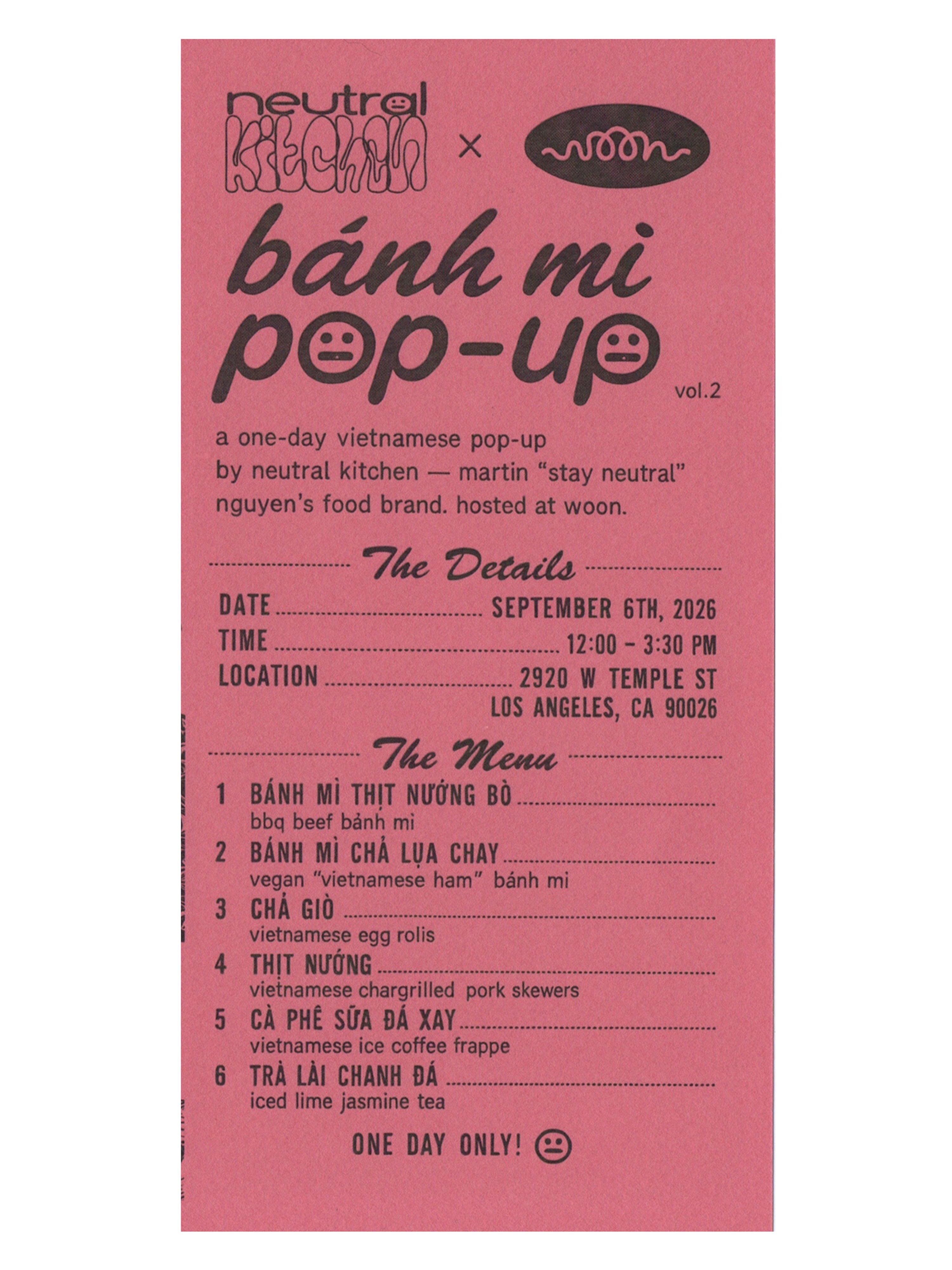 Neutral Kitchen Bánh Mì Pop-Up Vol. 2 menu and September 6 details at Woon Filipinotown