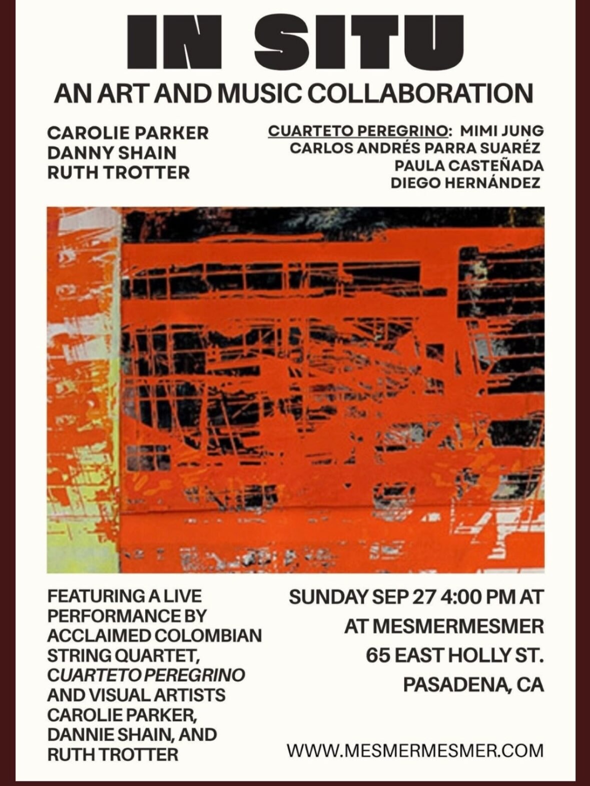 Orange and white In Situ art and music collaboration flyer